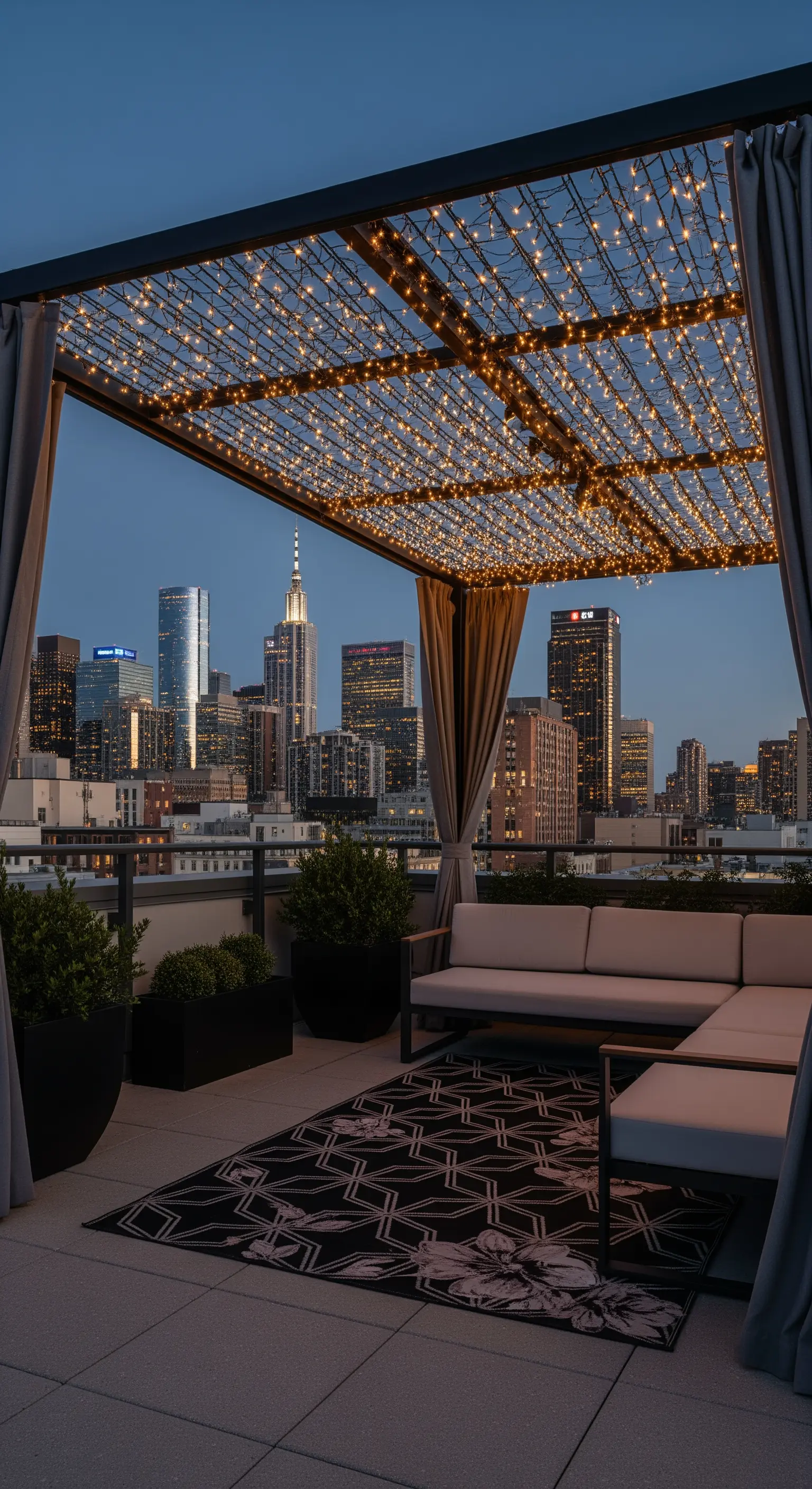 Terrazza moderna con pergola illuminata da una rete di luci, divano grigio e vista sulla città.