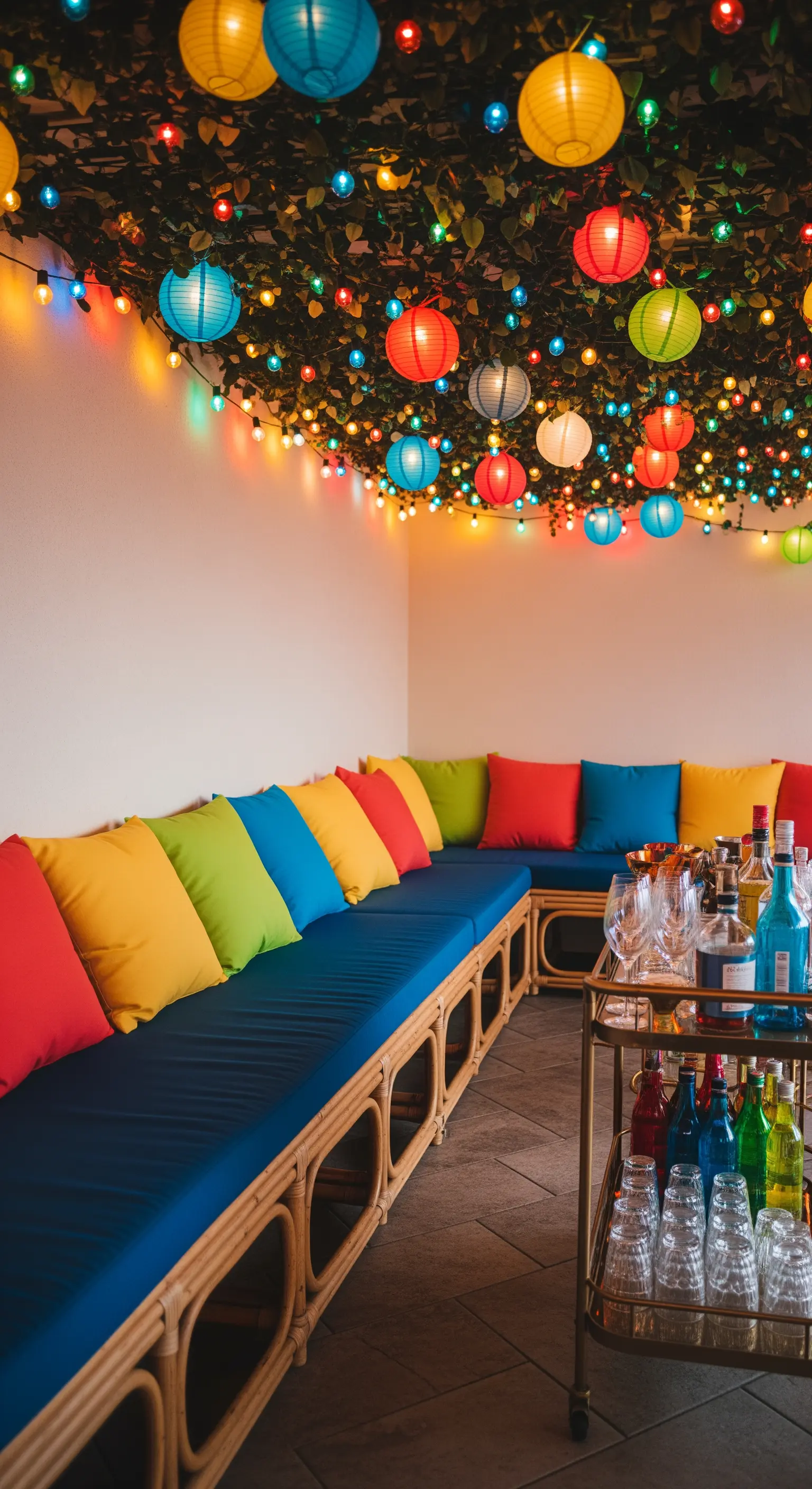 Angolo bar con divano blu e cuscini colorati, sotto un soffitto coperto di verde e lanterne.