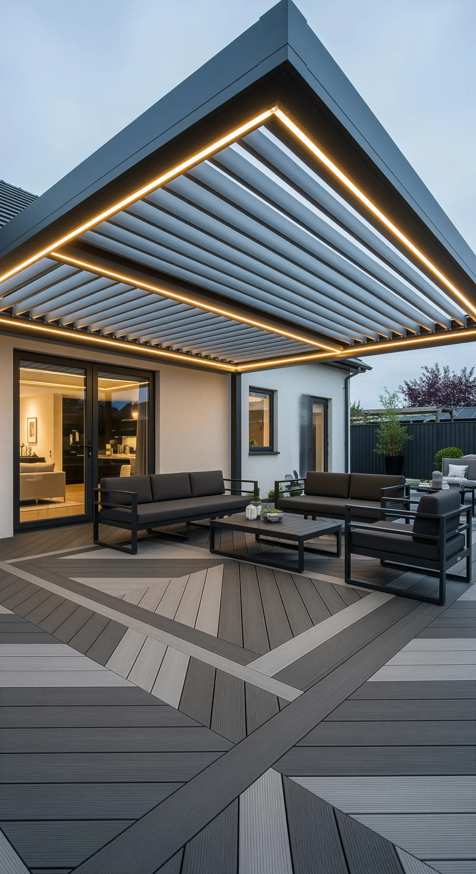 Patio con pergola bioclimatica e strisce LED integrate lungo il telaio superiore.