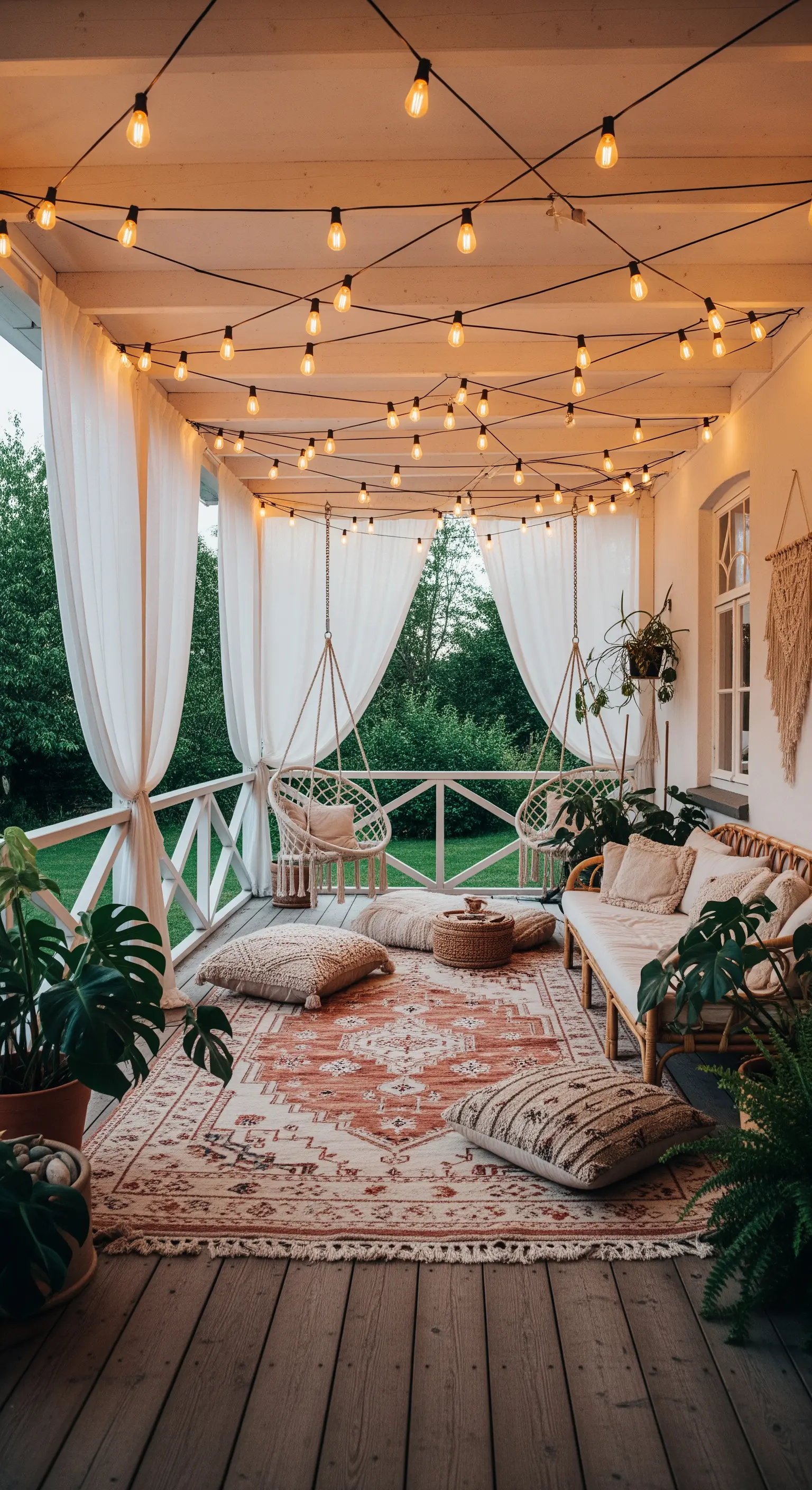 Veranda boho-chic con tappeto, cuscini a terra, divano in rattan e luci calde sospese.