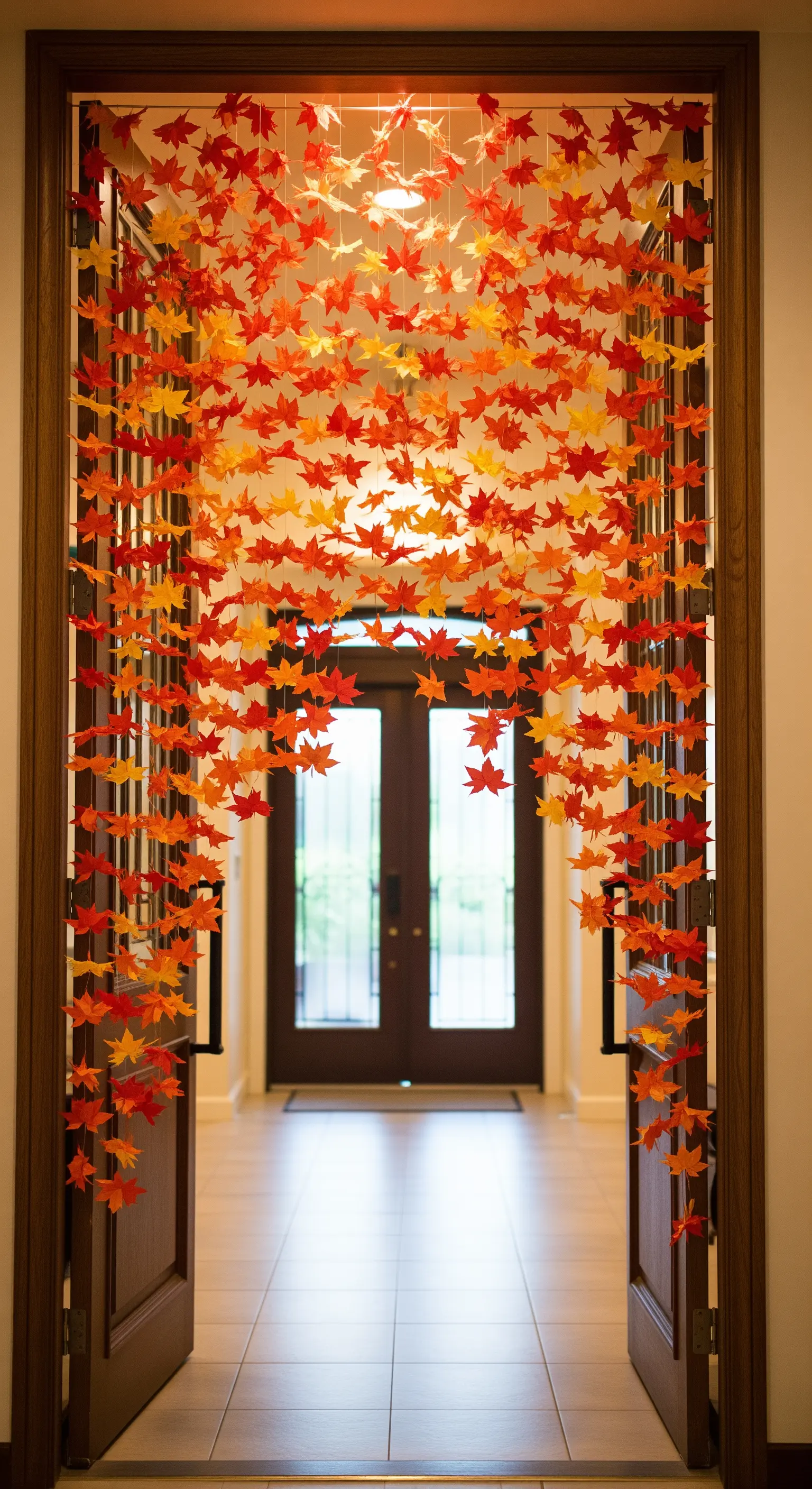 Tenda di foglie d'acero di carta arancioni e rosse che incornicia una porta.