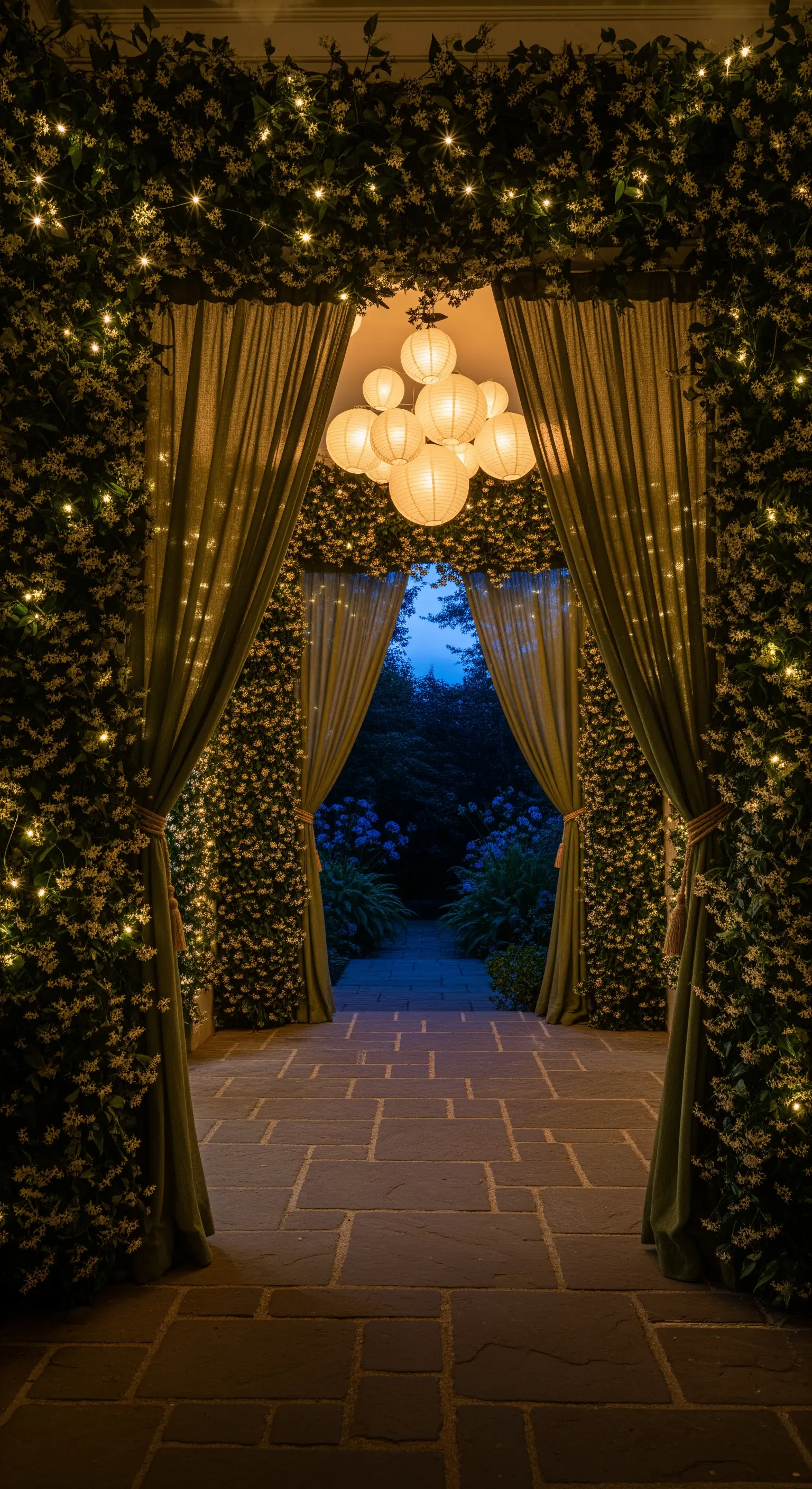 Ingresso notturno incorniciato da gelsomino illuminato da lucine e lanterne di carta.