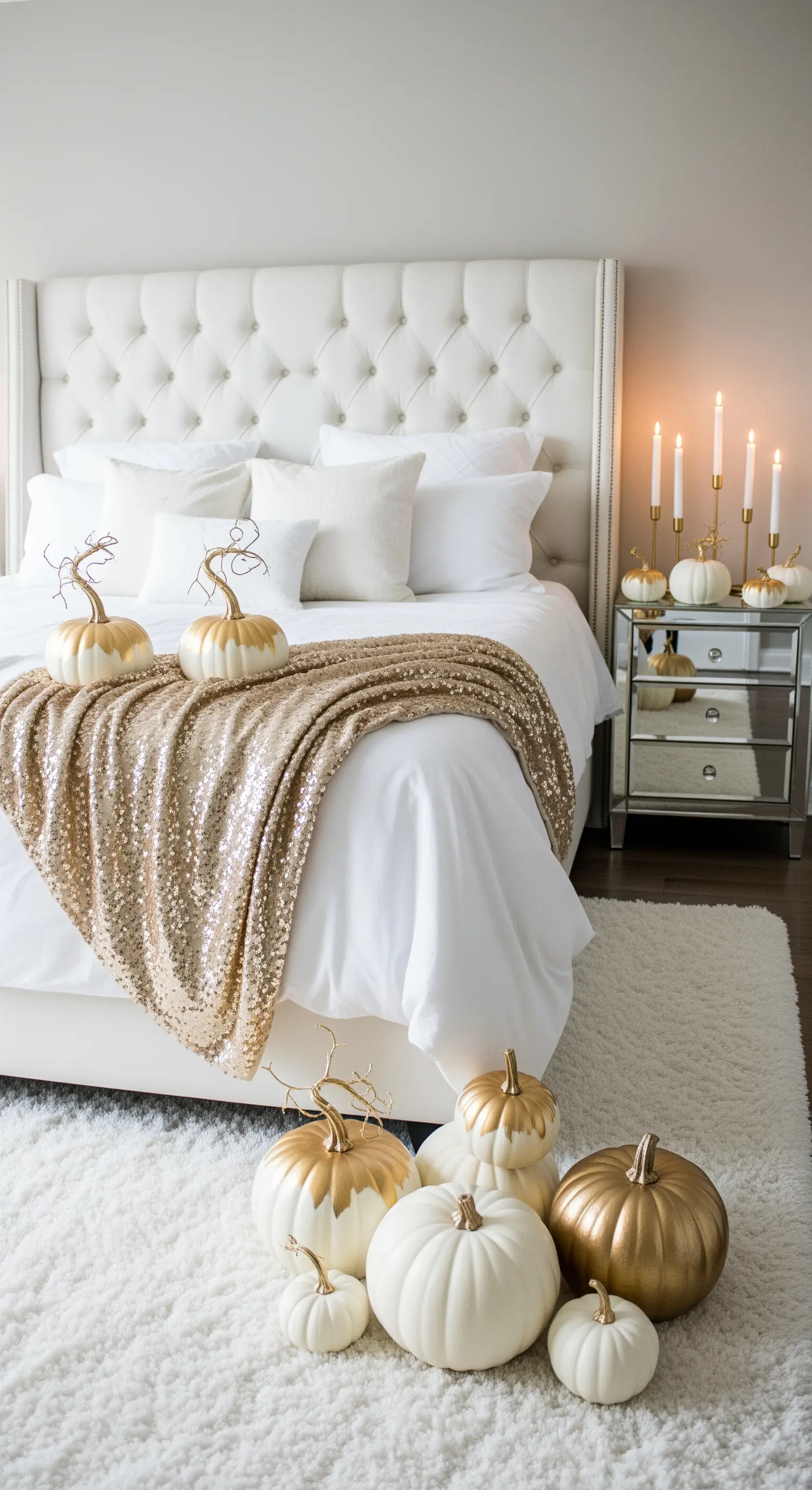 Camera da letto bianca con plaid dorato e zucche decorative