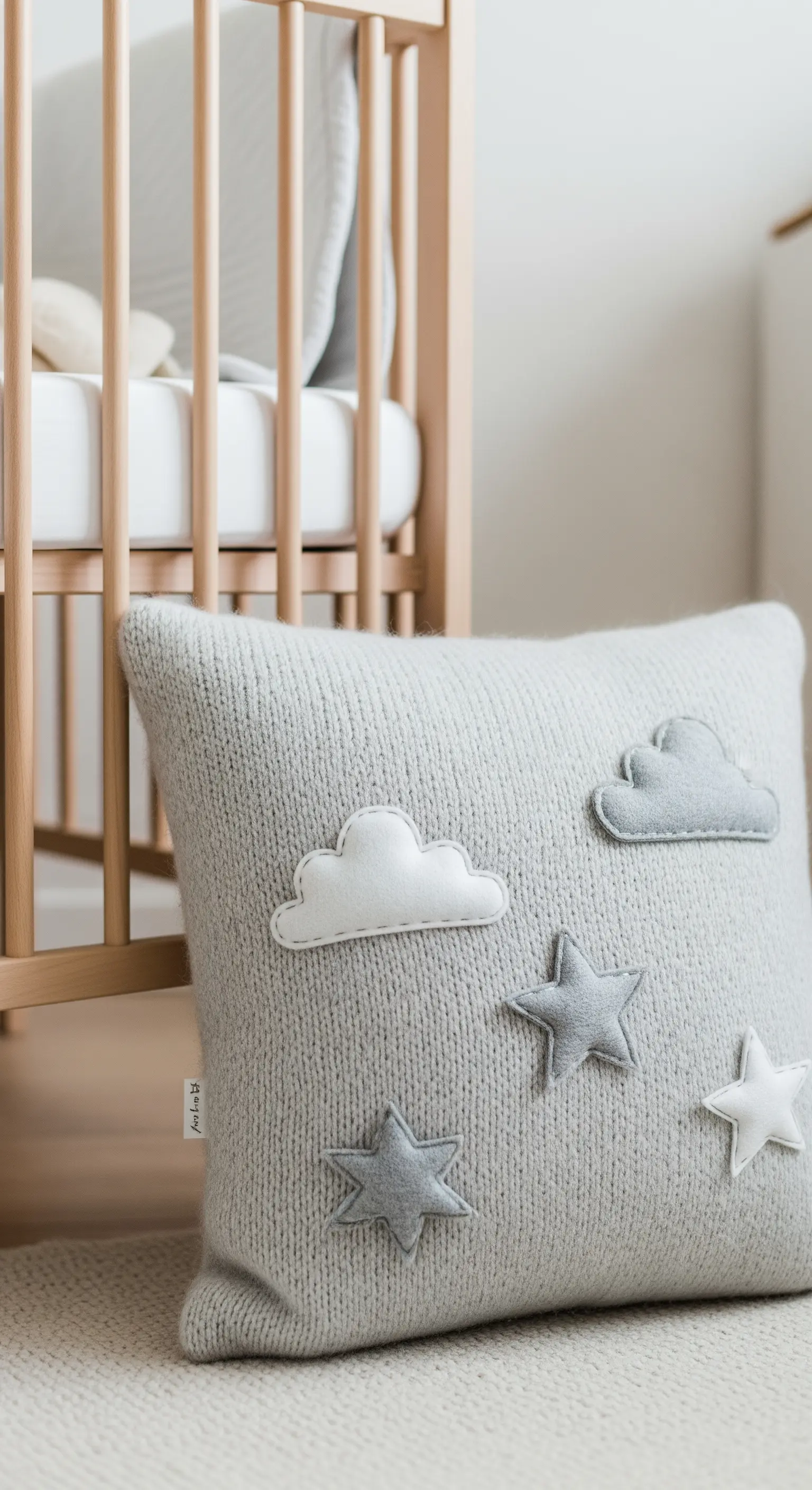 Cuscino grigio per la cameretta decorato con nuvole e stelle in feltro.