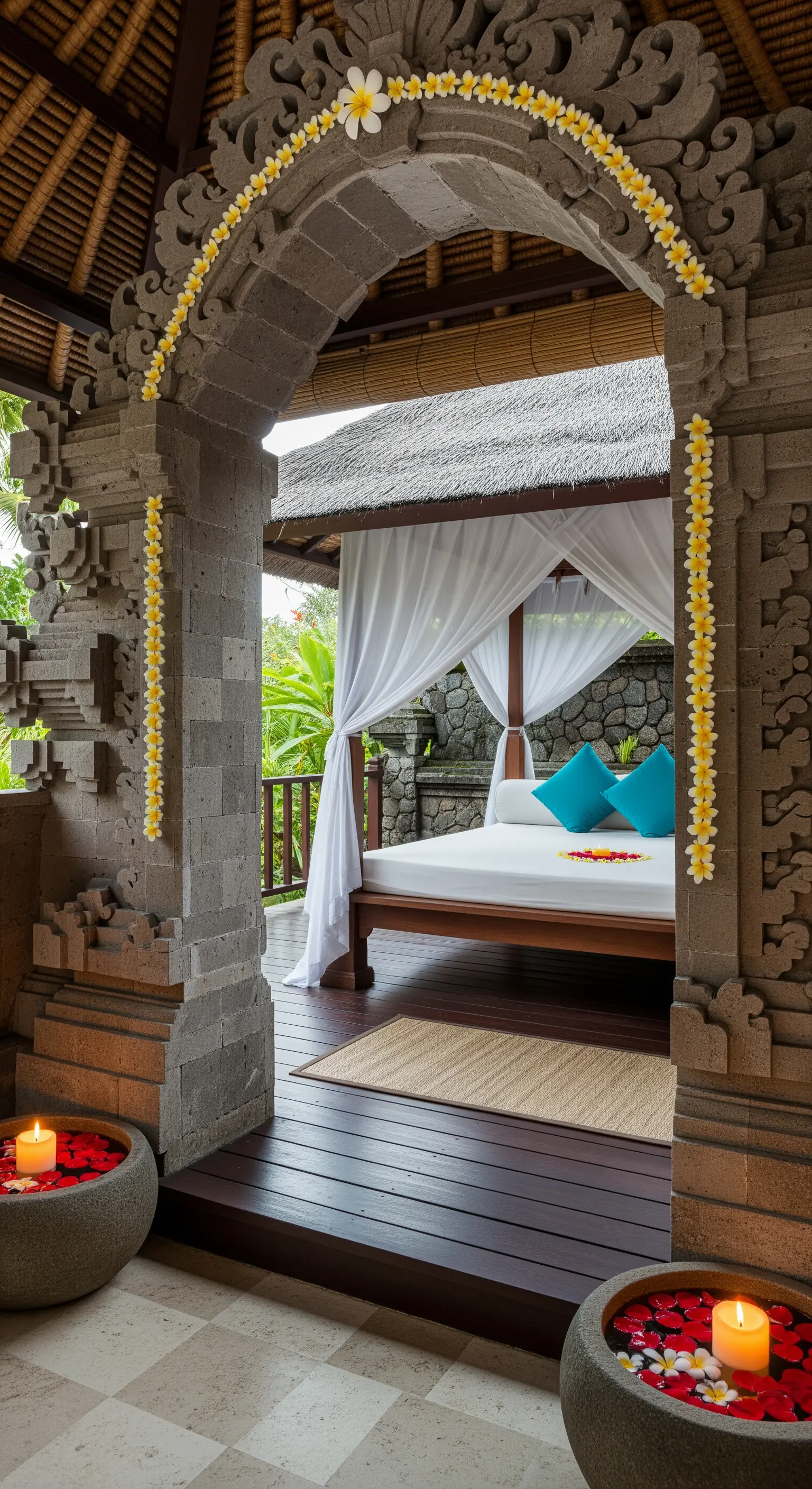 Patio balinese con arco in pietra che incornicia un letto a baldacchino con tende bianche.