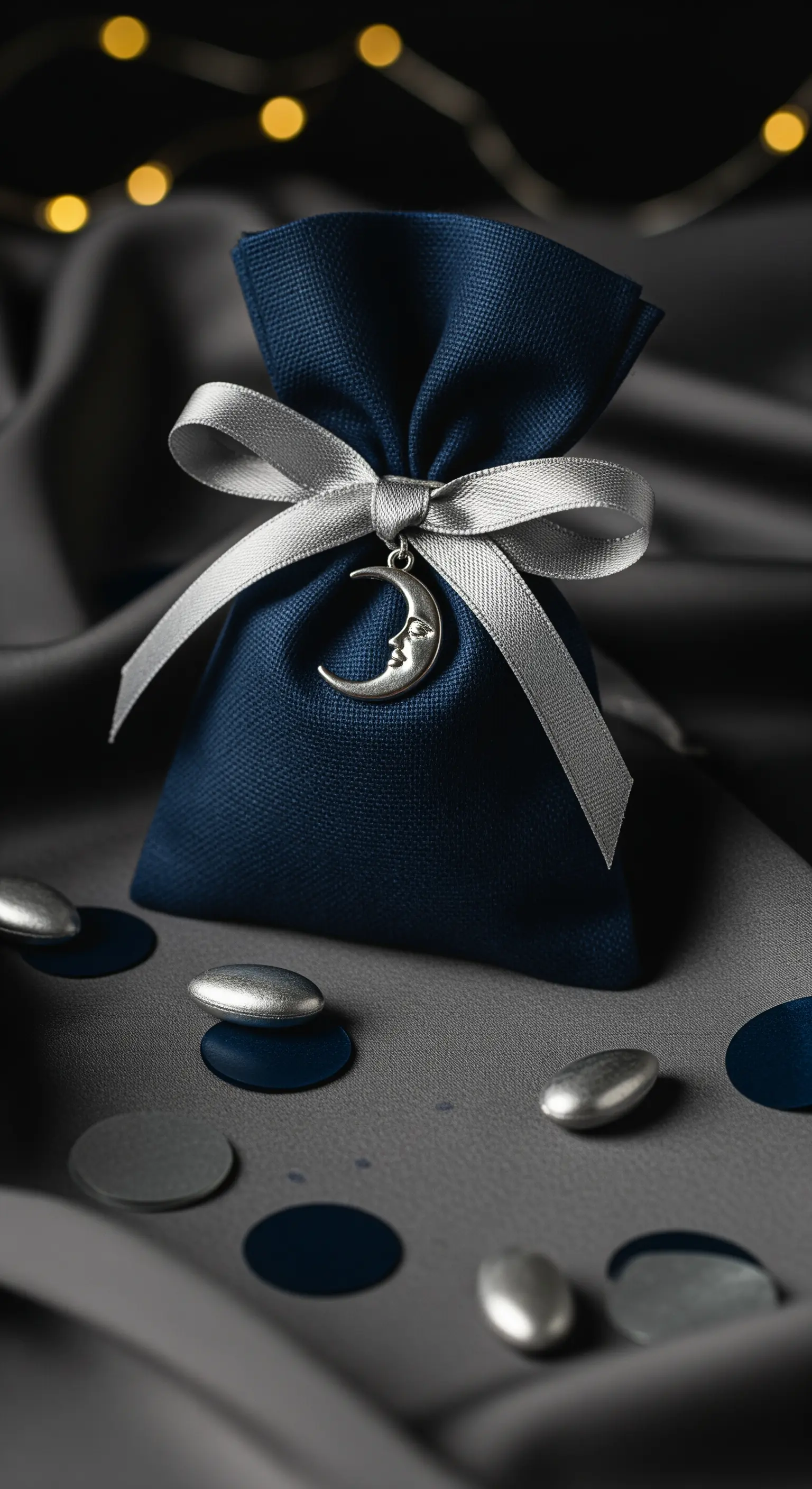 Bomboniera in lino blu notte con nastro argentato e ciondolo a forma di luna, su un fondo di raso.