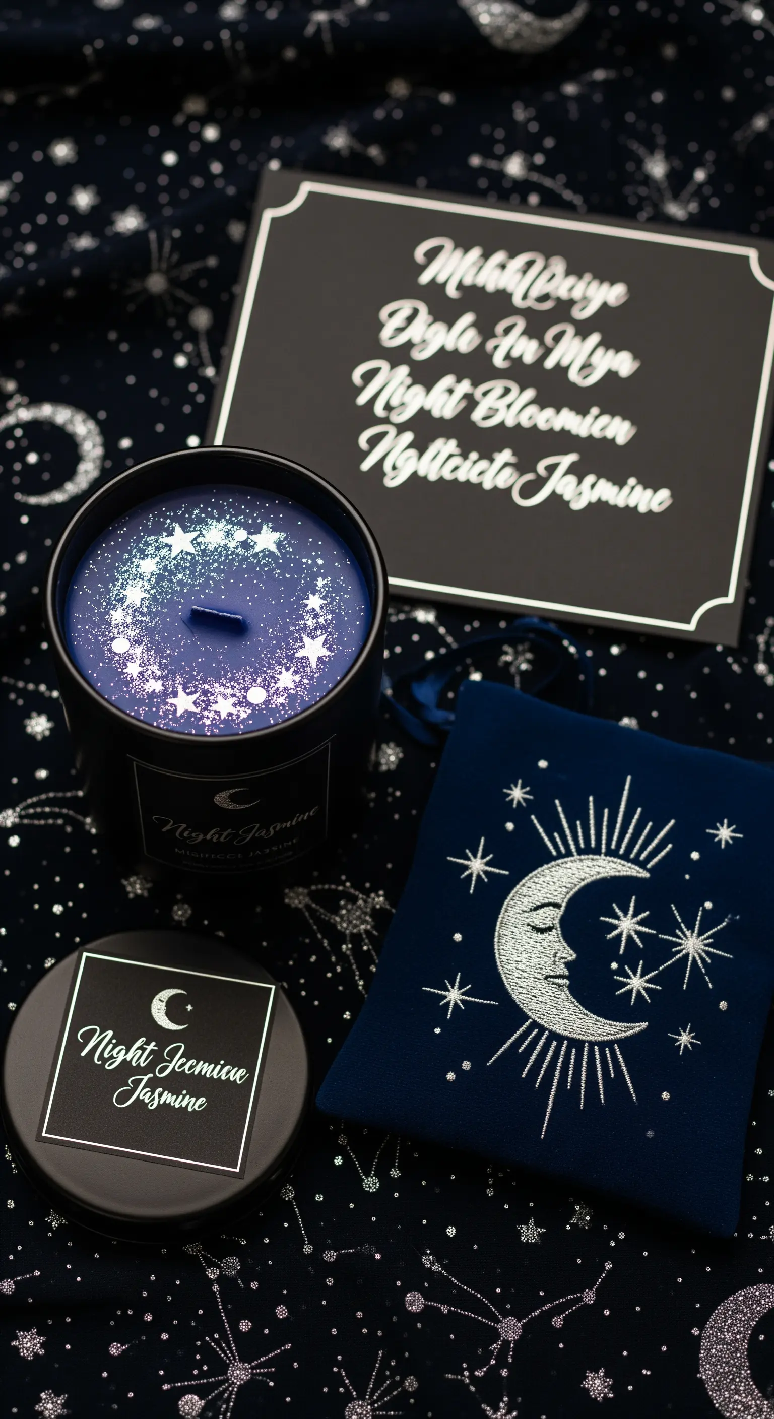 Candela blu notte con glitter, sacchetto in velluto con luna ricamata e biglietto a tema stelle.