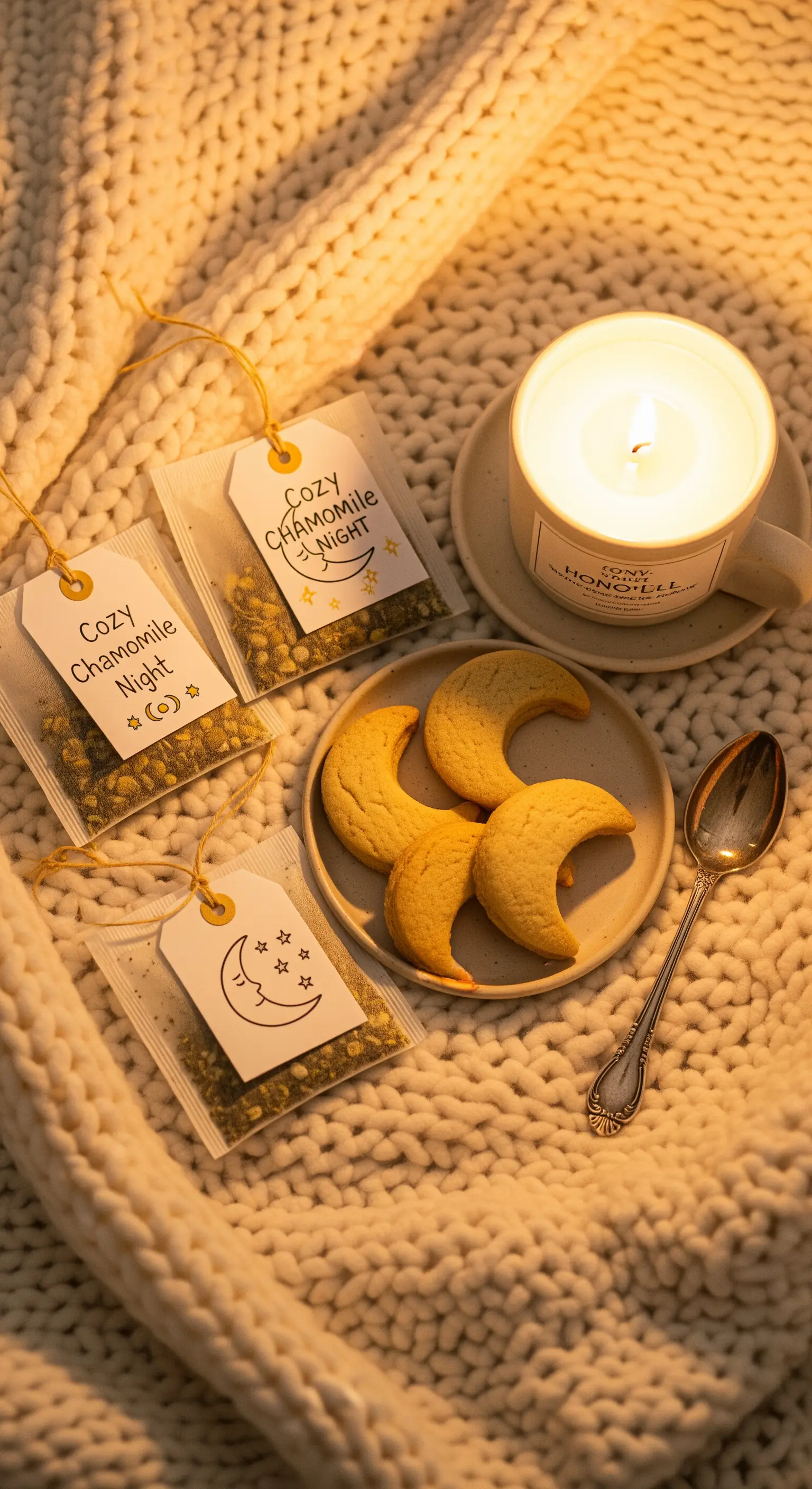 Set per la sera con tisana alla camomilla, biscotti a mezzaluna e candela accesa.