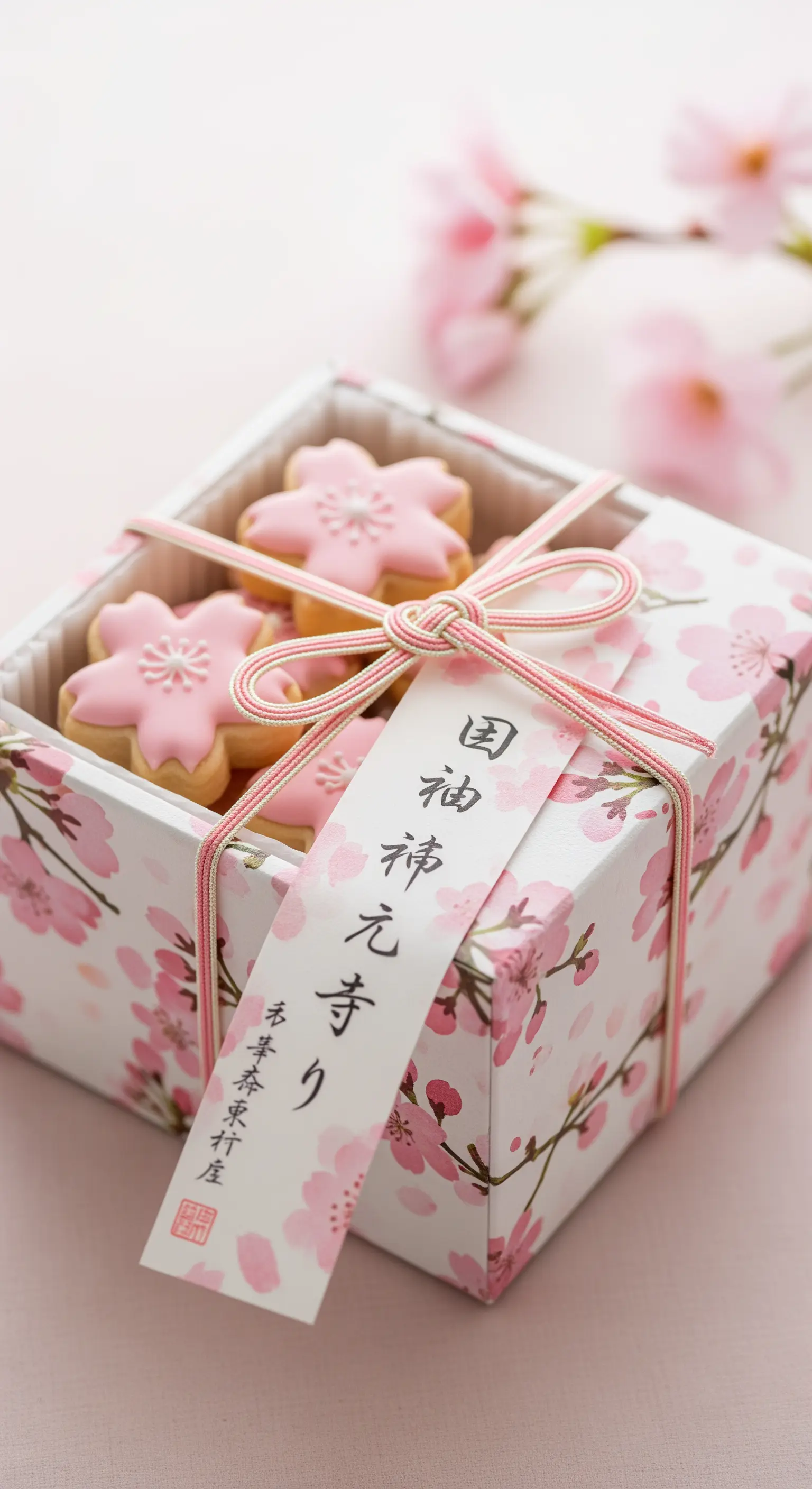 Biscotti a forma di fiore di ciliegio in una scatola a tema sakura con un cordino rosa.