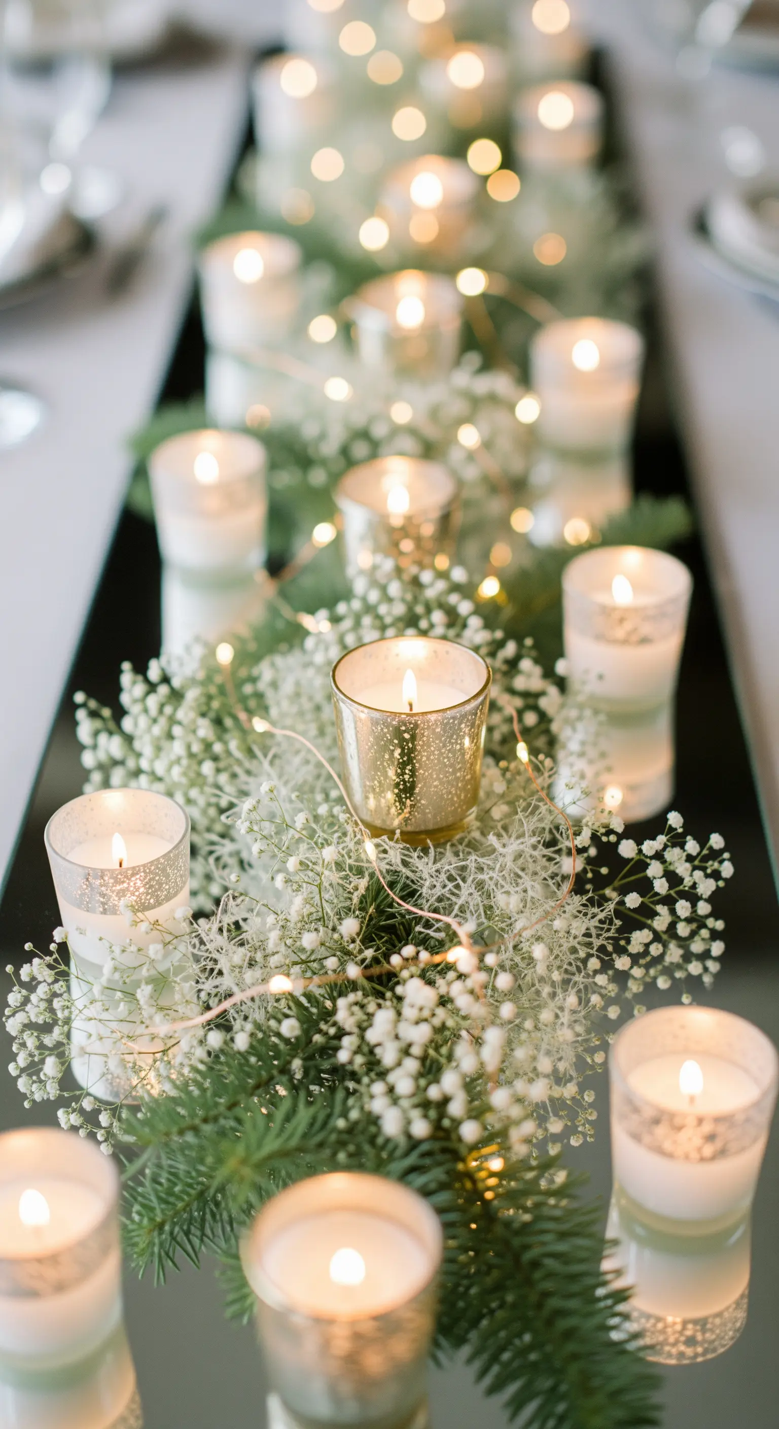 Runner a specchio con candele, nebbiolina e micro lucine per un effetto luminoso.