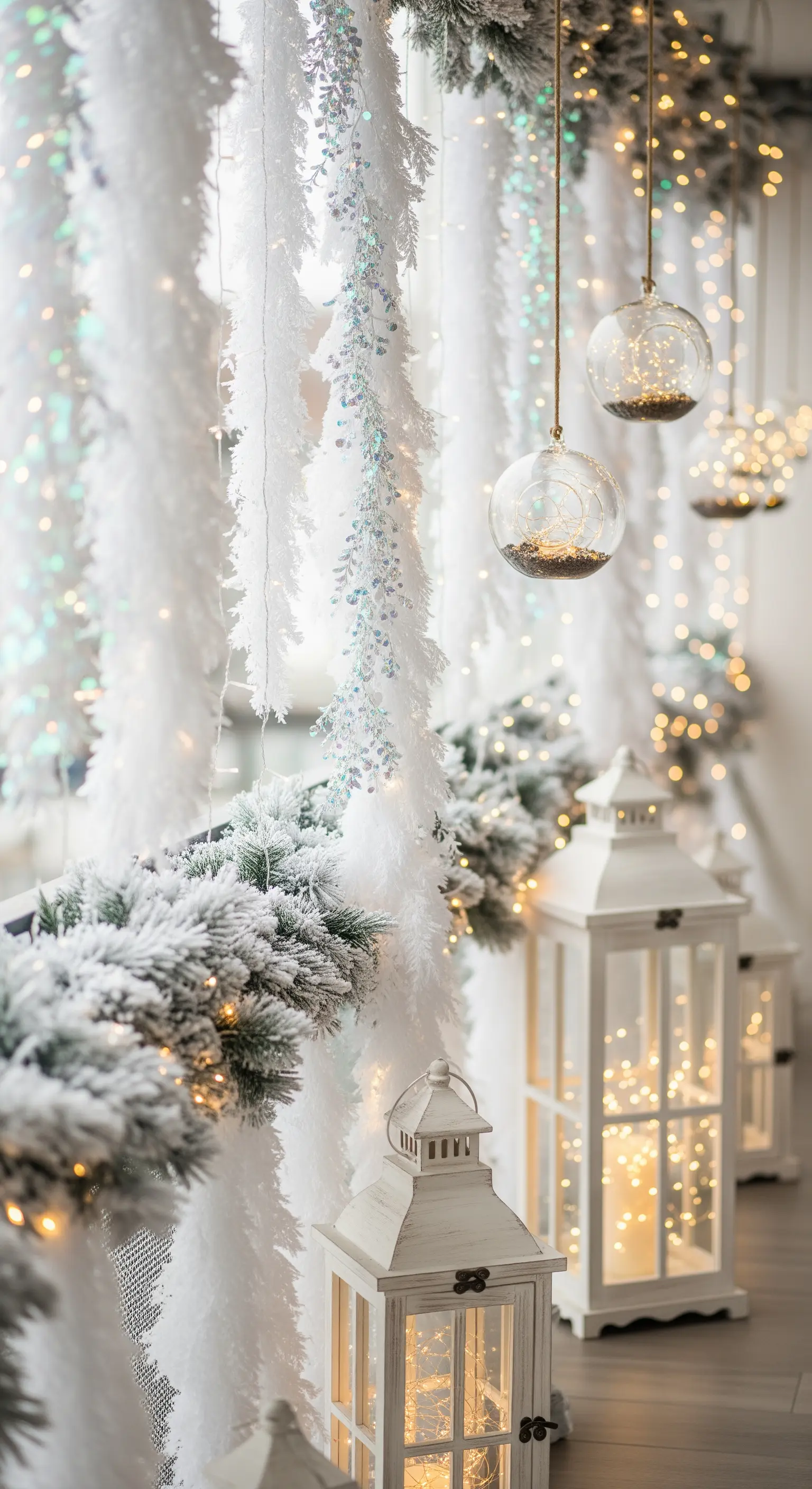 Balcone decorato con ghirlande bianche piumate, palline di vetro luminose e lanterne bianche in stile shabby