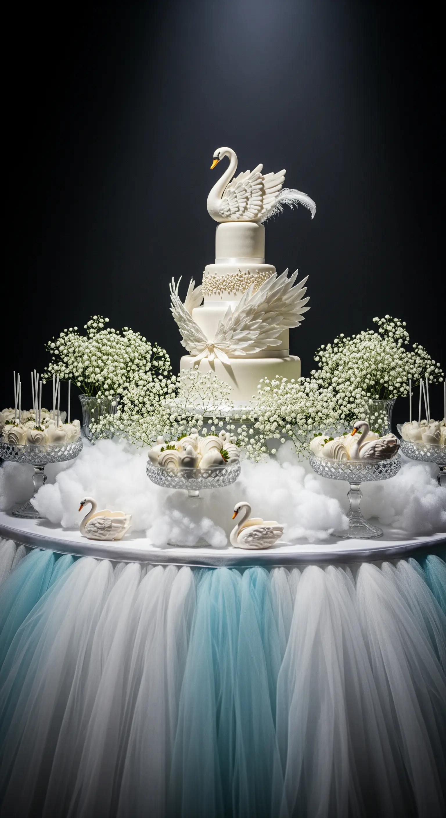 Sweet table a tema Lago dei Cigni con torta a più piani, tulle e decorazioni a forma di cigno.