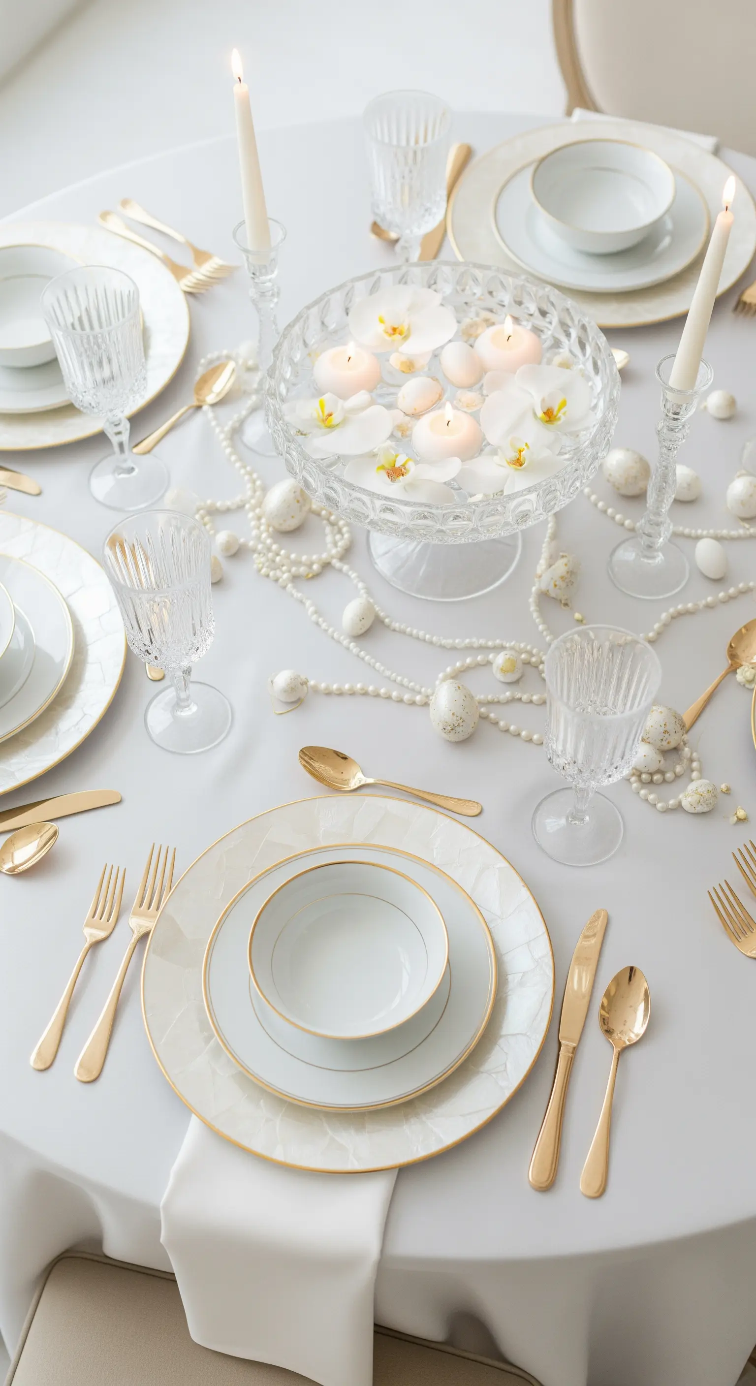 Tavola pasquale bianca e oro con candele galleggianti in una coppa e piatti madreperla.