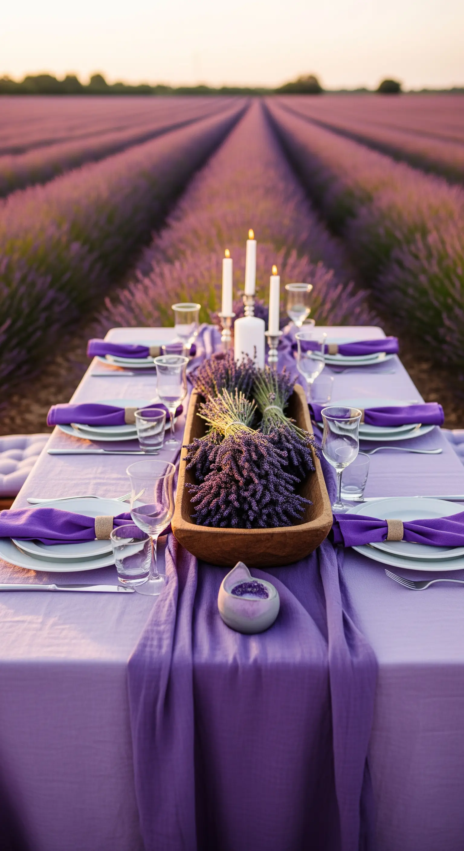 Tavola in un campo di lavanda, con un centrotavola di lavanda fresca e tovaglia viola.