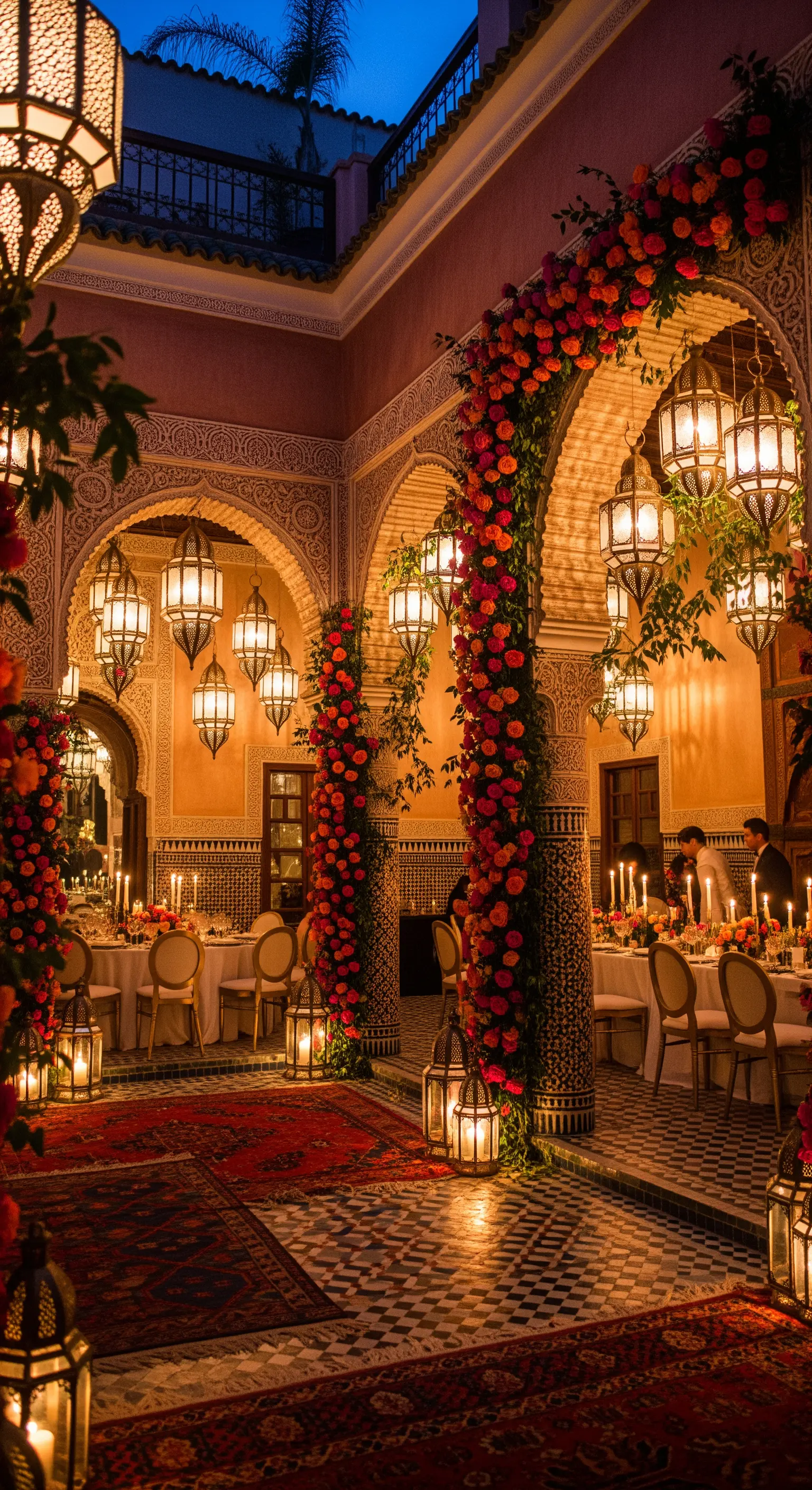 Un cortile marocchino con archi decorati da ghirlande di rose rosse e numerose lanterne sospese.
