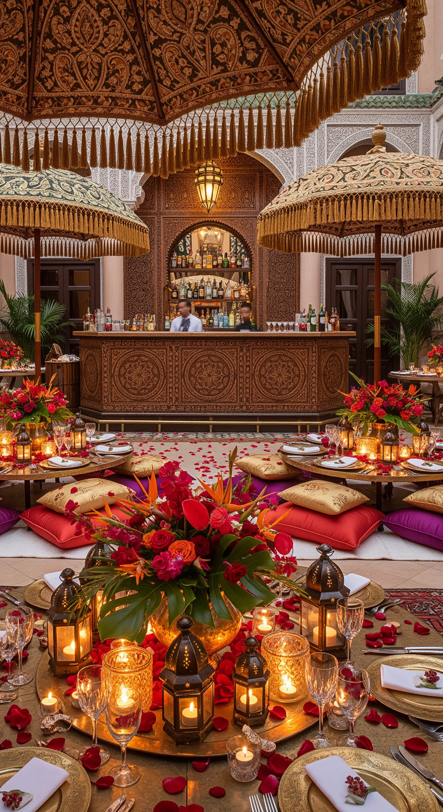 Allestimento in stile marocchino con bar intagliato, cuscini, lanterne e petali di rosa