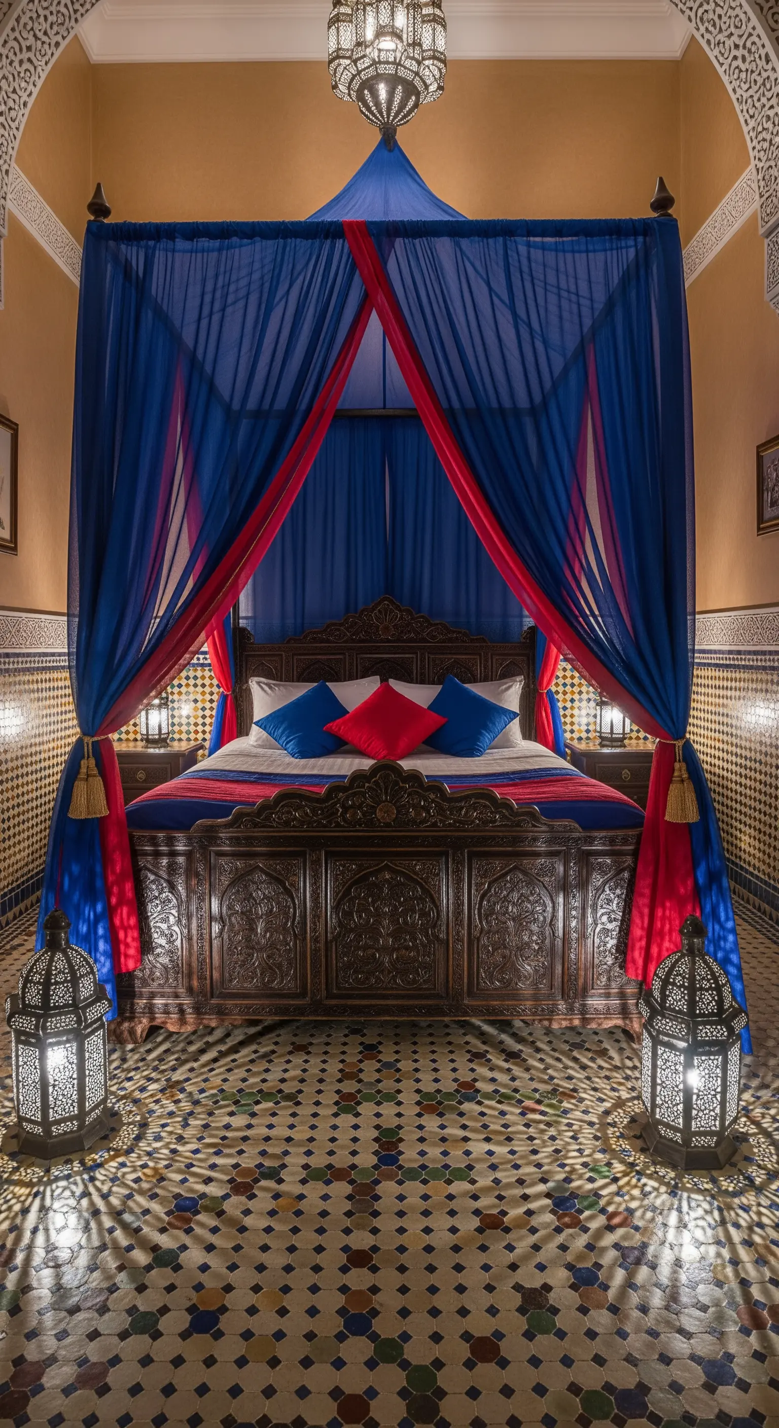 Letto a baldacchino in legno scuro intagliato con drappi blu e rossi in stile marocchino.