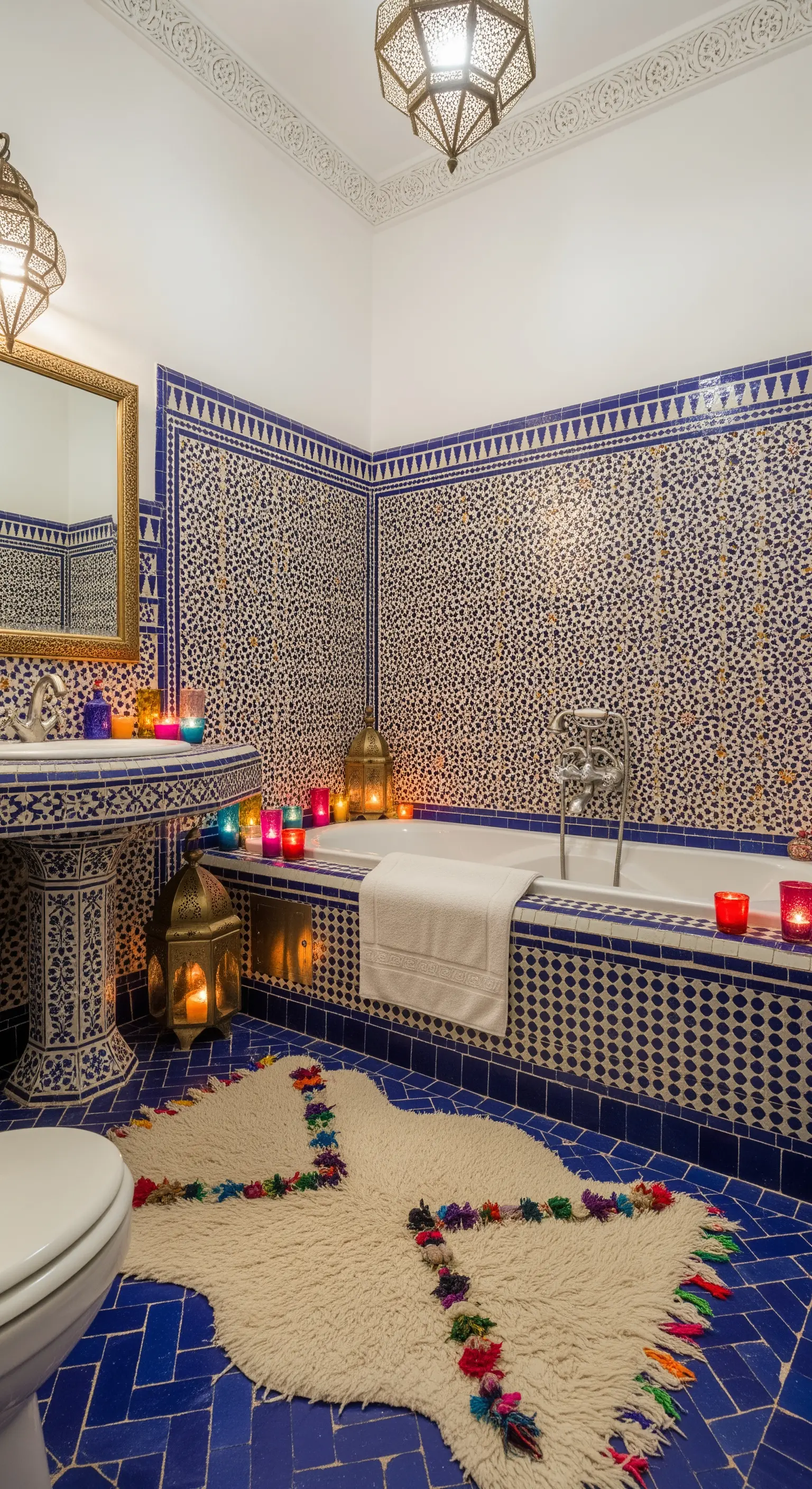 Bagno in stile marocchino con piastrelle zellige blu, tappeto berbero e lanterne.