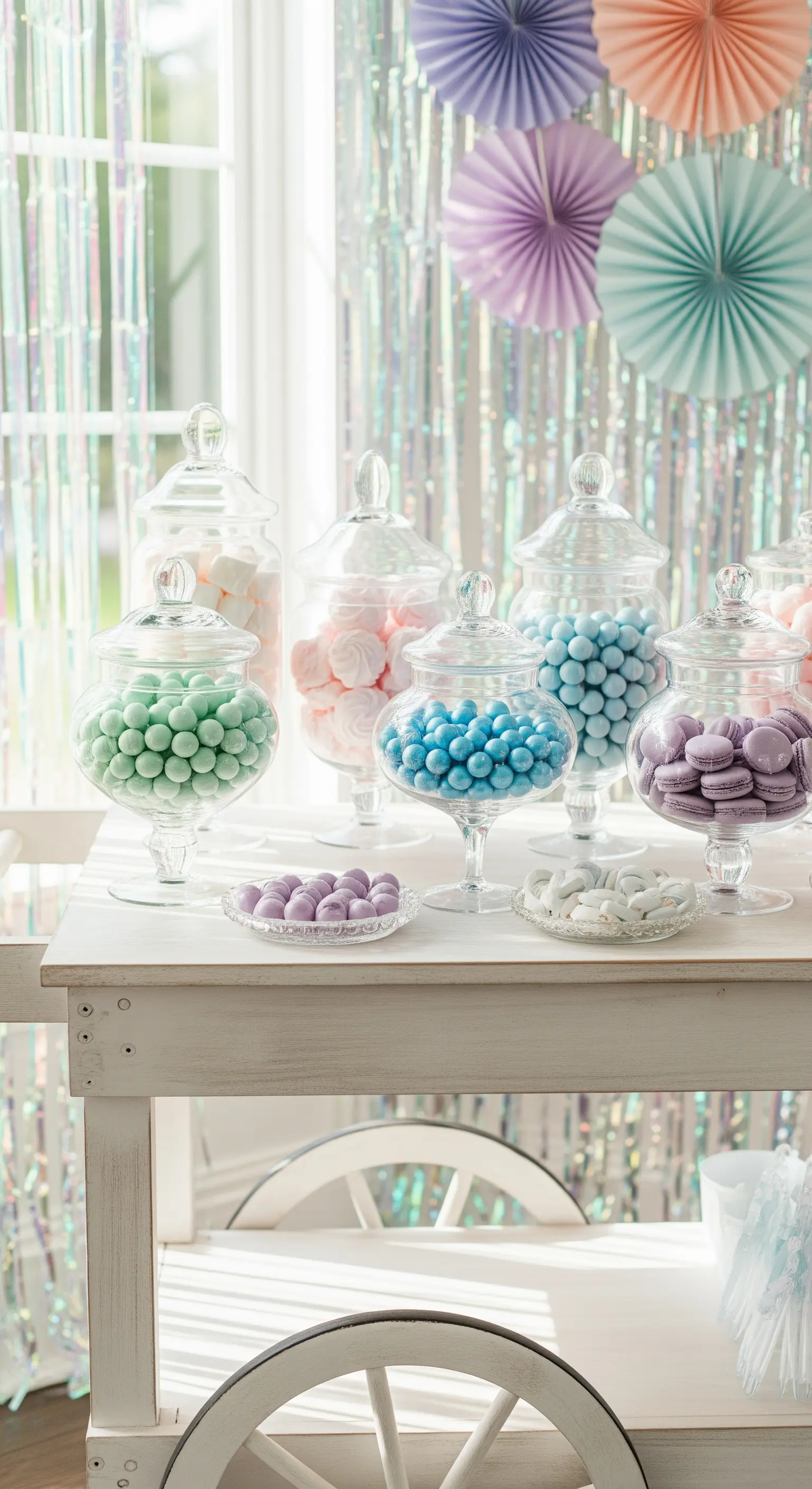 Carretto bianco con caramelle e dolci color pastello su uno sfondo iridescente e luminoso