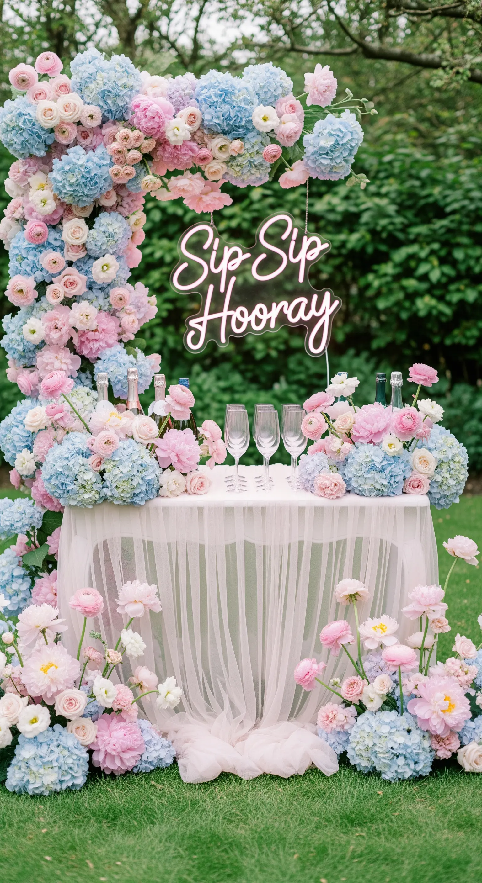 Tavolo prosecco con arco di ortensie rosa e azzurre e insegna 