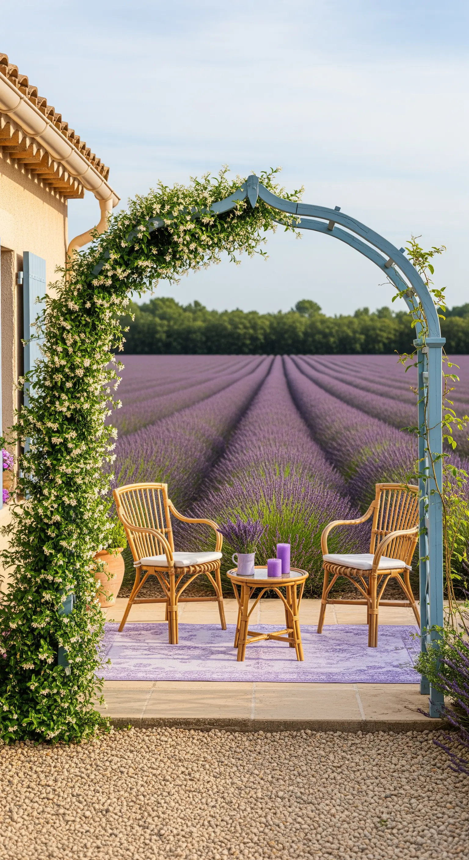Patio con arco azzurro e sedie in rattan affacciato su un campo di lavanda.