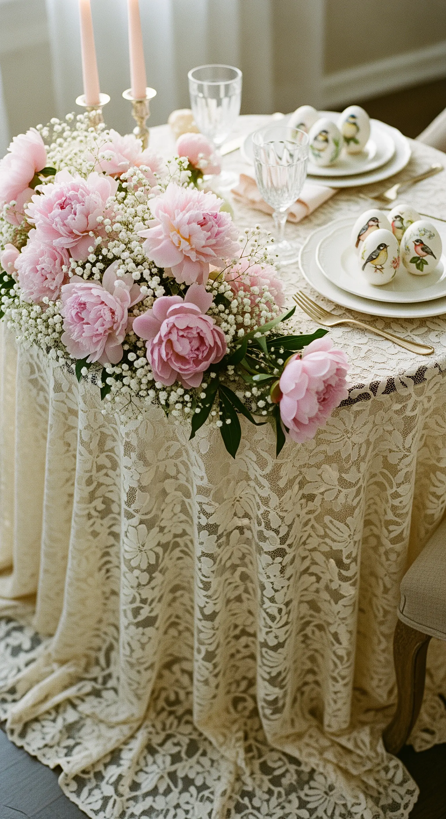 Tavola di Pasqua romantica con tovaglia in pizzo, peonie rosa e uova illustrate con uccellini.