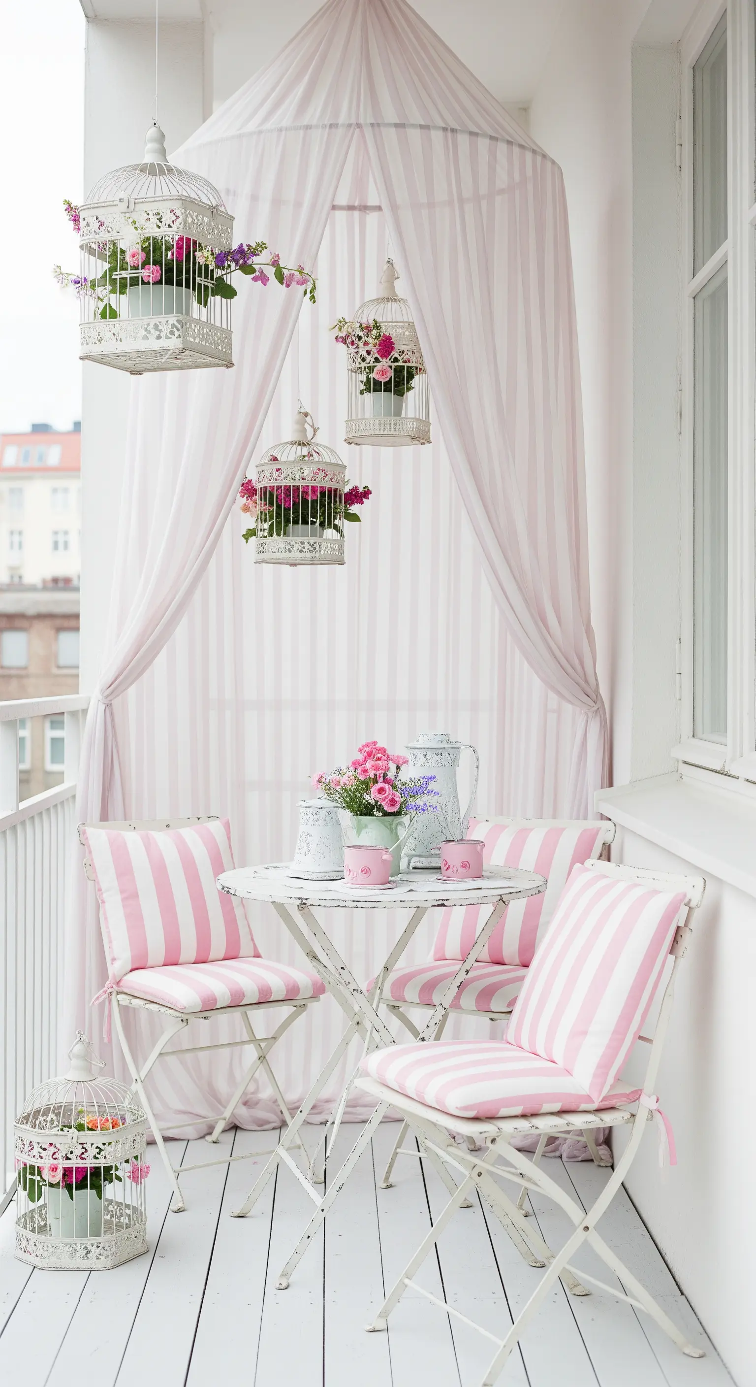 Balcone romantico con baldacchino a righe rosa, arredi bianchi e gabbiette con fiori.