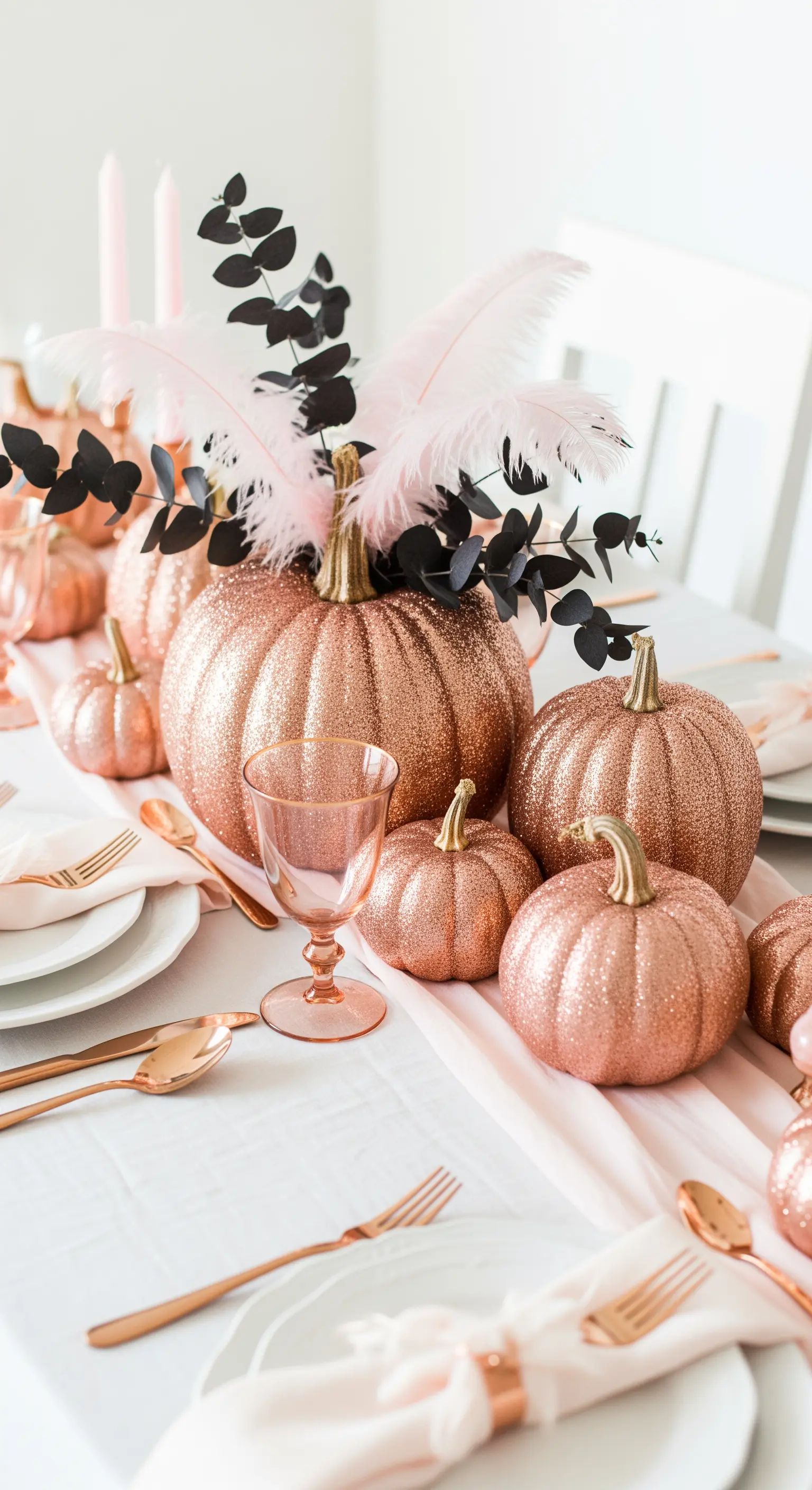 Tavola rosa e oro rosa con zucche glitter e piume.
