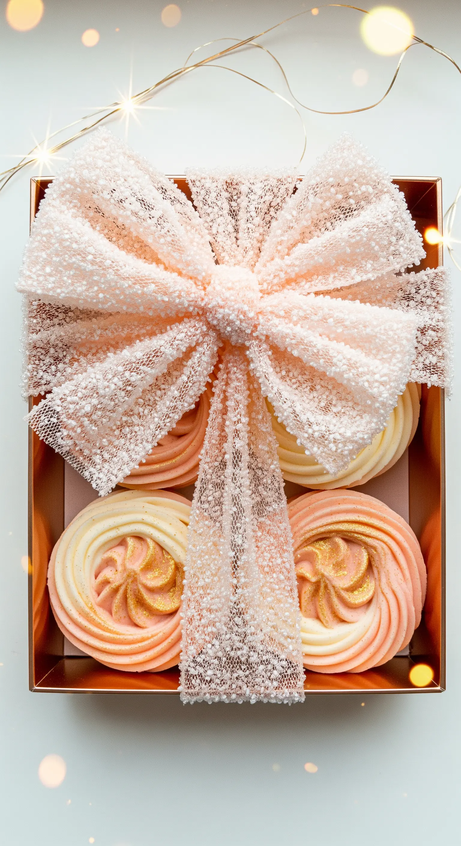 Confezione regalo color oro rosa con saponi a forma di meringa e un grande fiocco di pizzo.