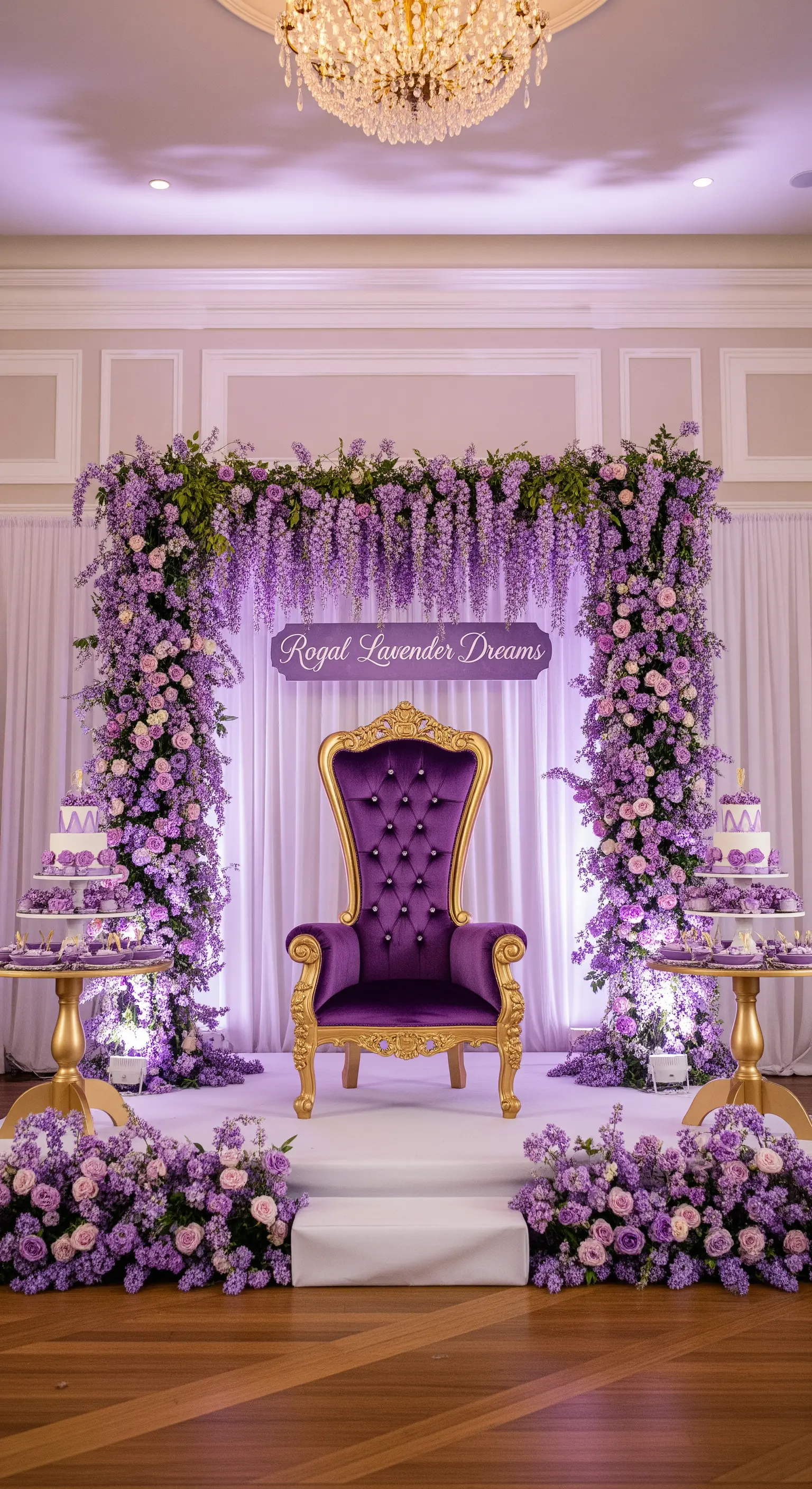 Scenografia viola con trono in velluto e un arco di glicine e lavanda.