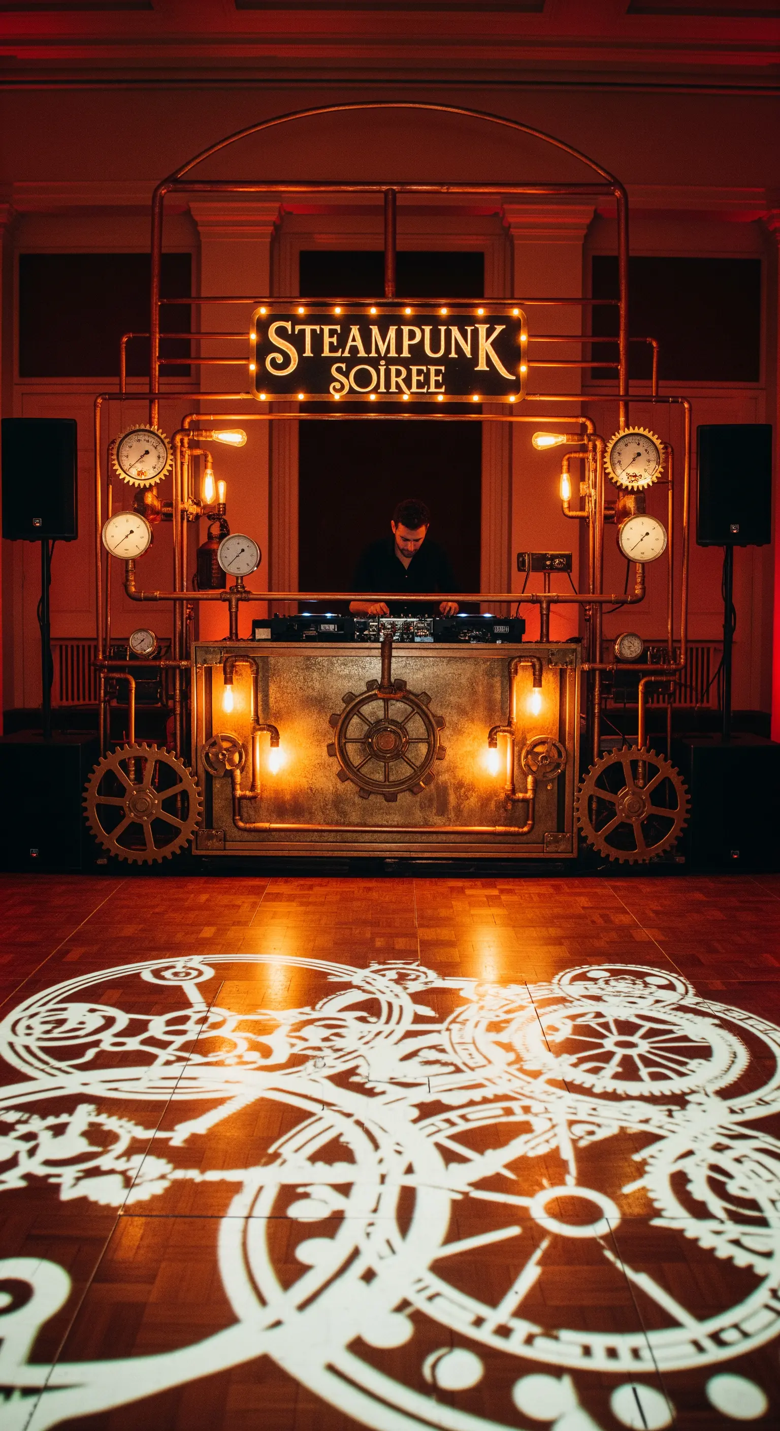 DJ booth in stile steampunk con tubi di rame, manometri e insegna luminosa.