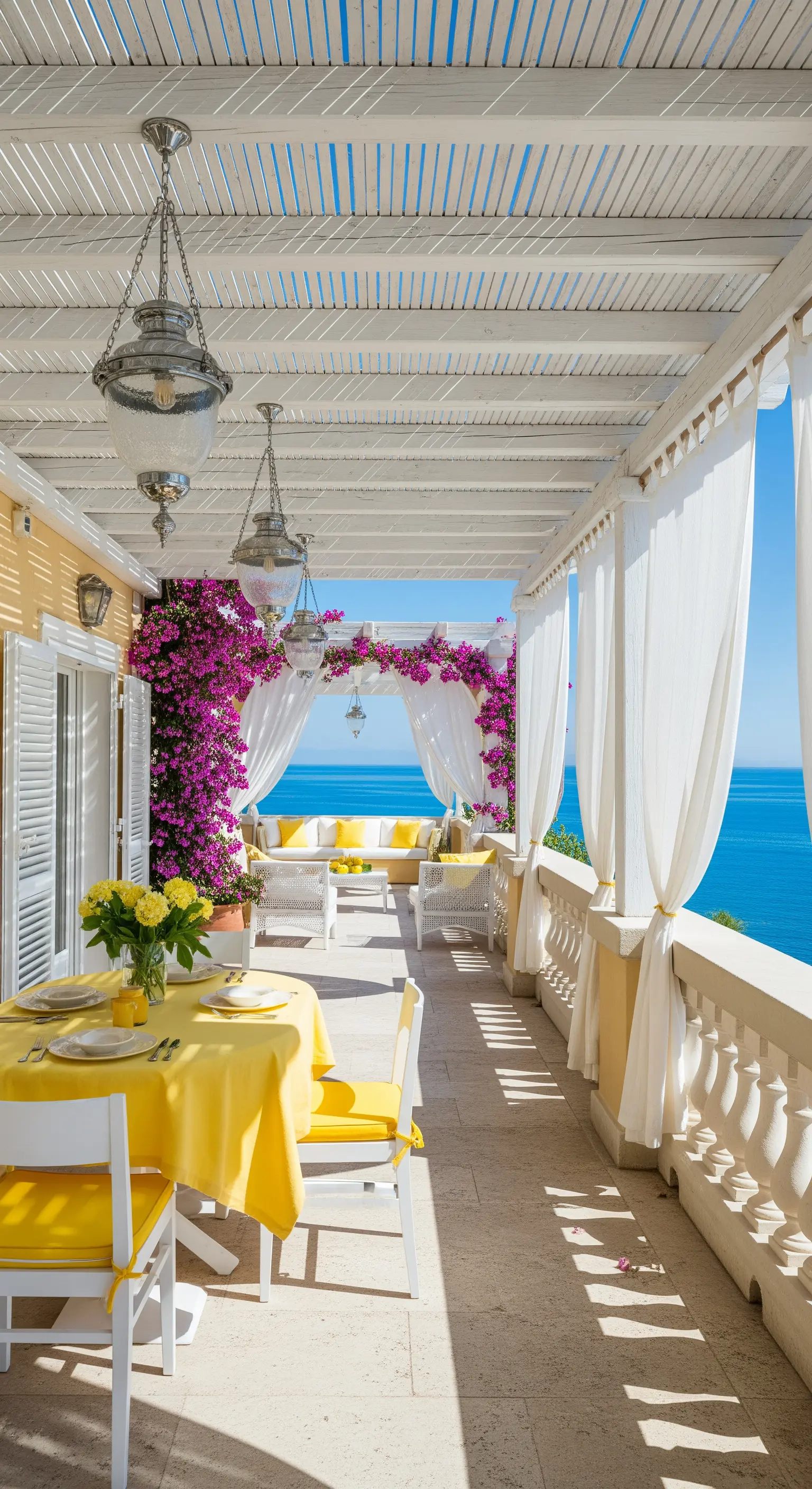 Terrazza mediterranea con tavolo giallo, tende bianche e bouganville fucsia.