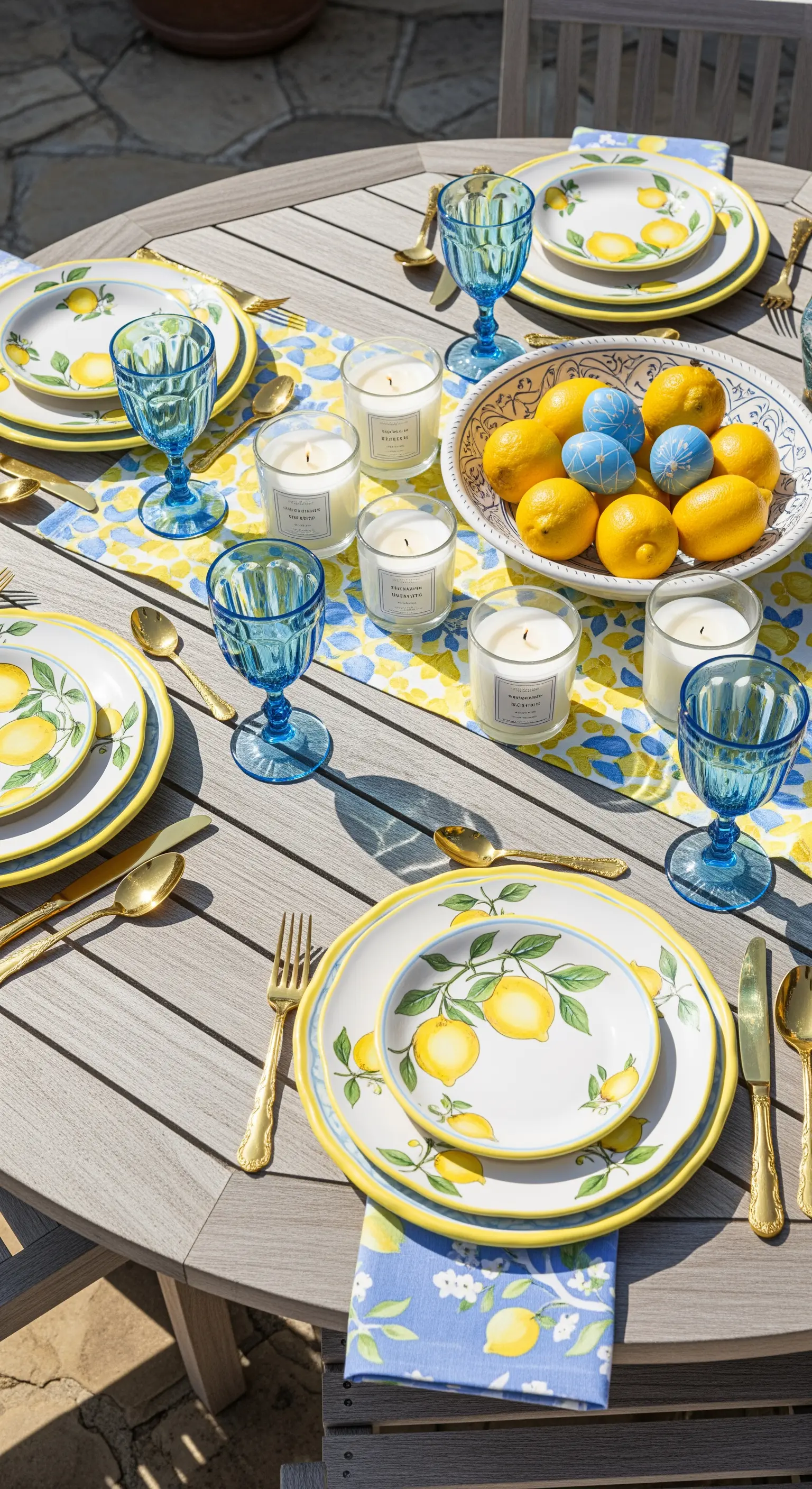 Tavola pasquale all'aperto con piatti a tema limoni, bicchieri blu e posate dorate.