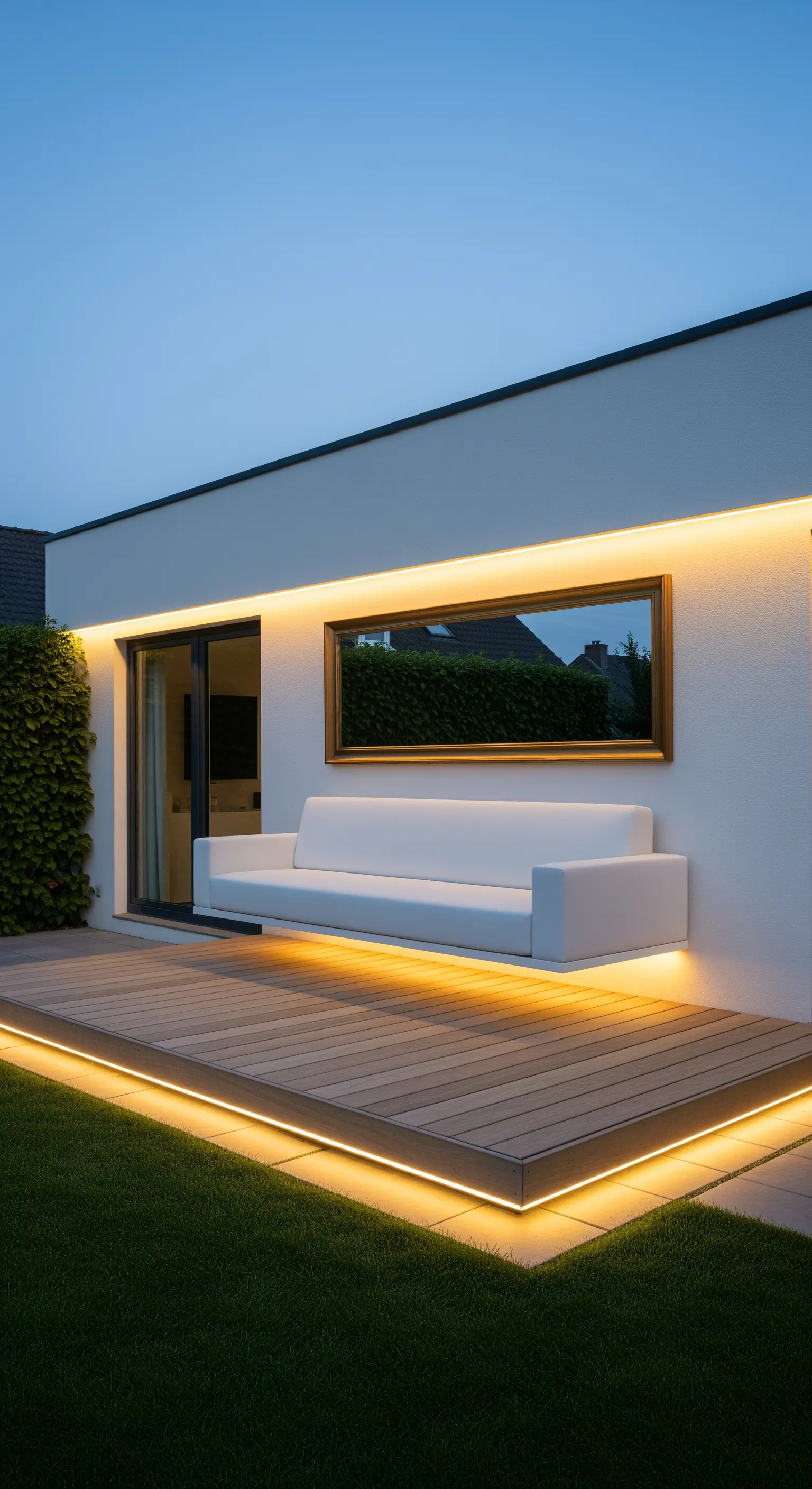 Divano bianco sospeso da una parete, illuminato dal basso, su una pedana in legno con luci a LED