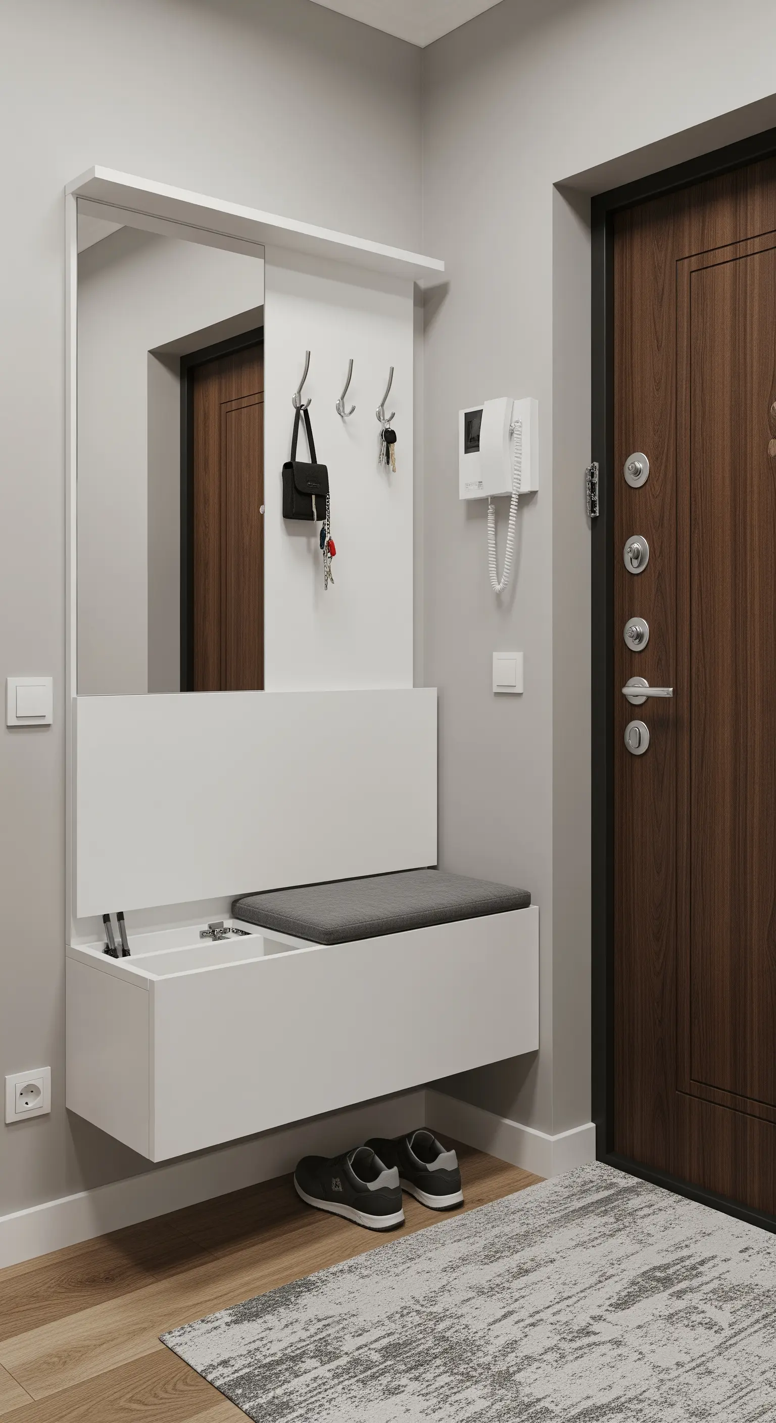 Mobile da ingresso compatto e sospeso, bianco, con panca, contenitore a ribalta e specchio.