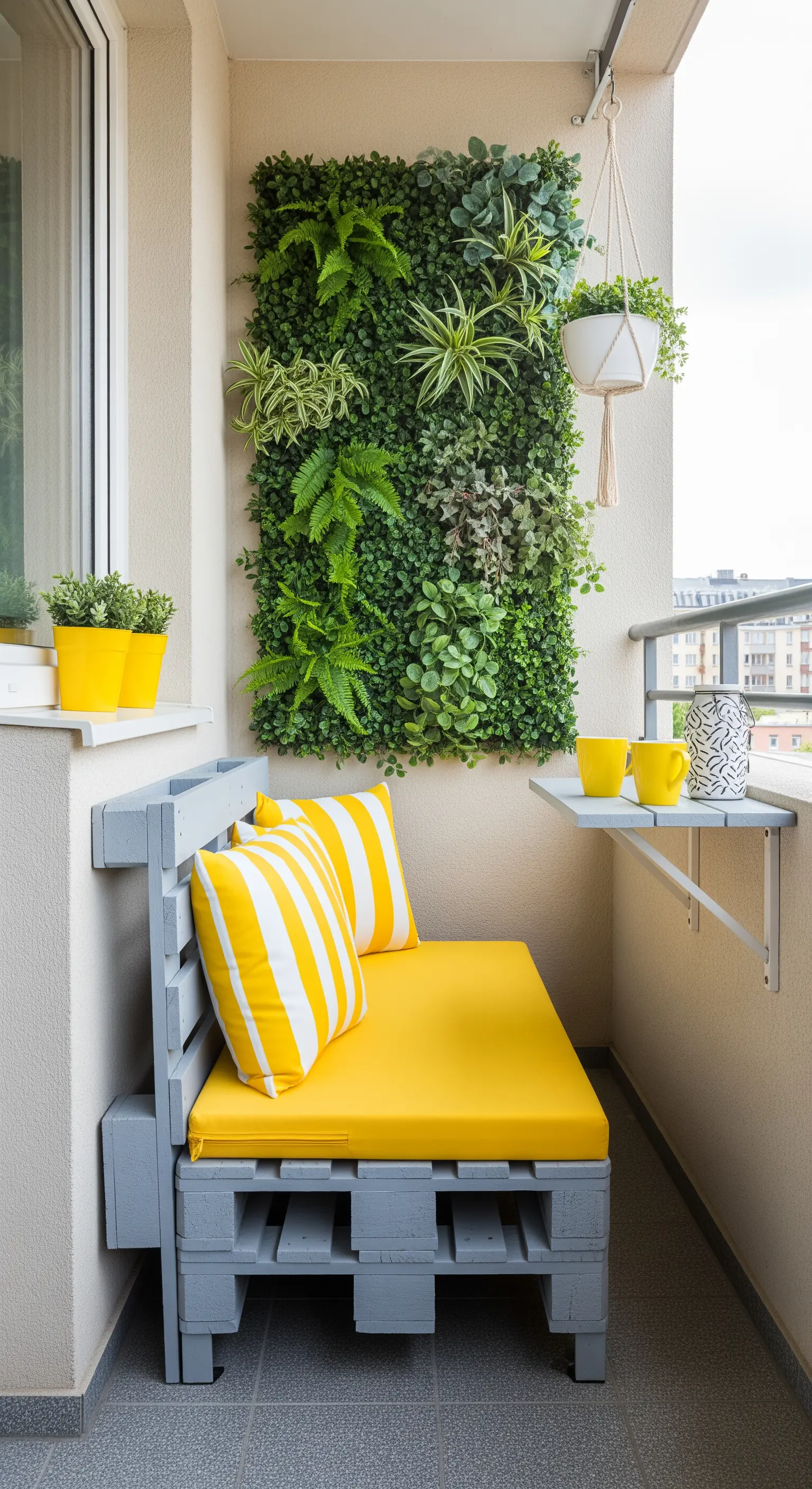 Piccola panca in pallet grigio su un balcone stretto, con un giardino verticale alla parete