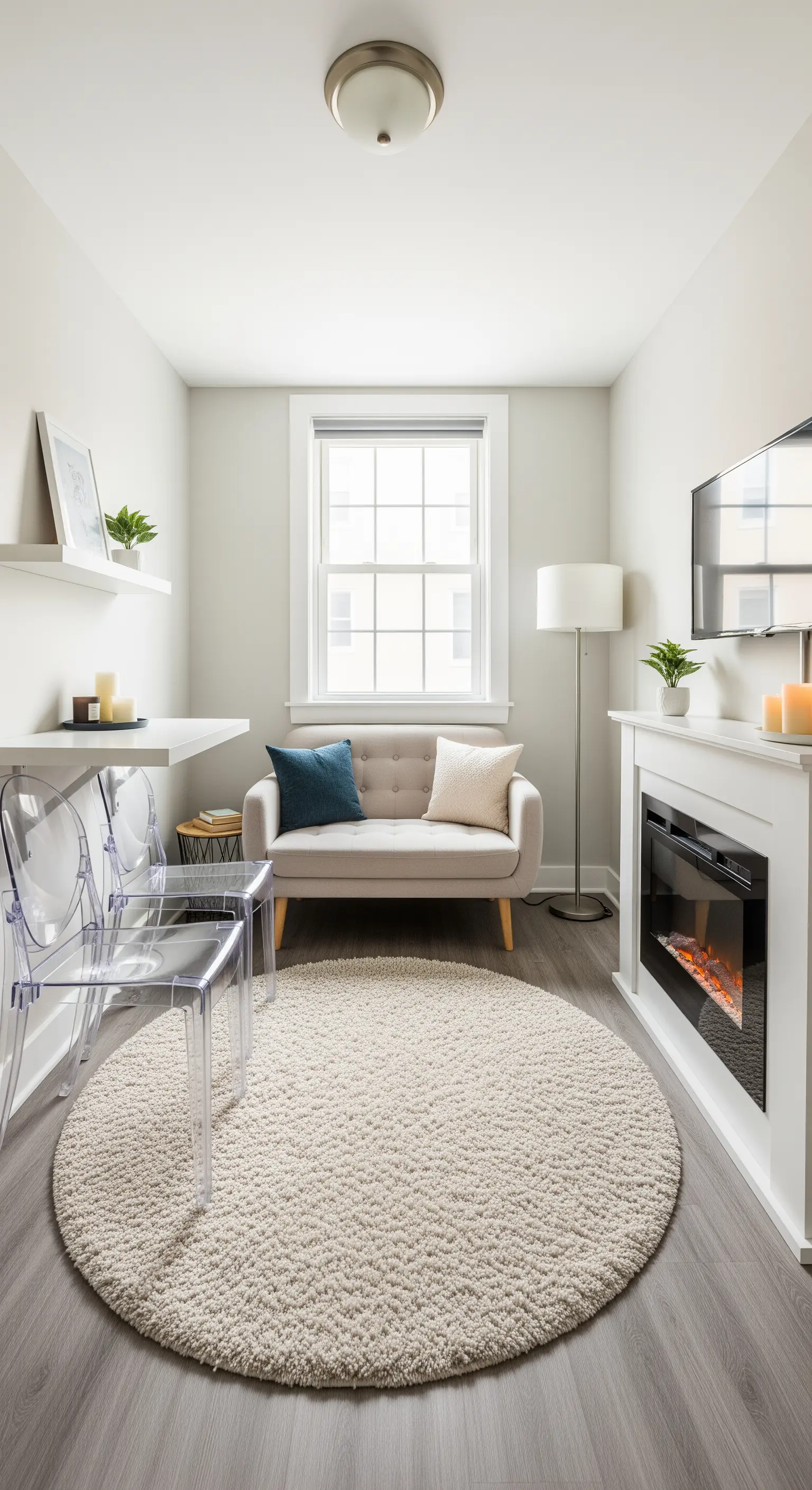 Piccolo soggiorno con camino, sedie trasparenti e tappeto rotondo.