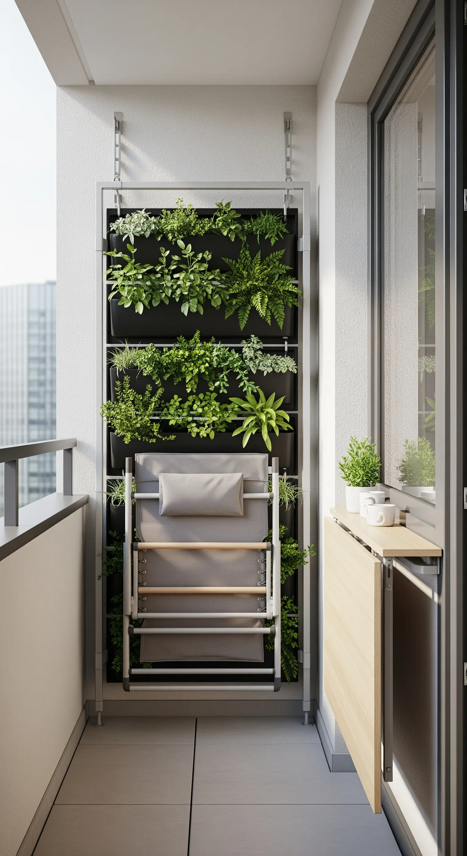 Balcone stretto con sistema a parete che integra fioriere e una sedia a sdraio pieghevole.