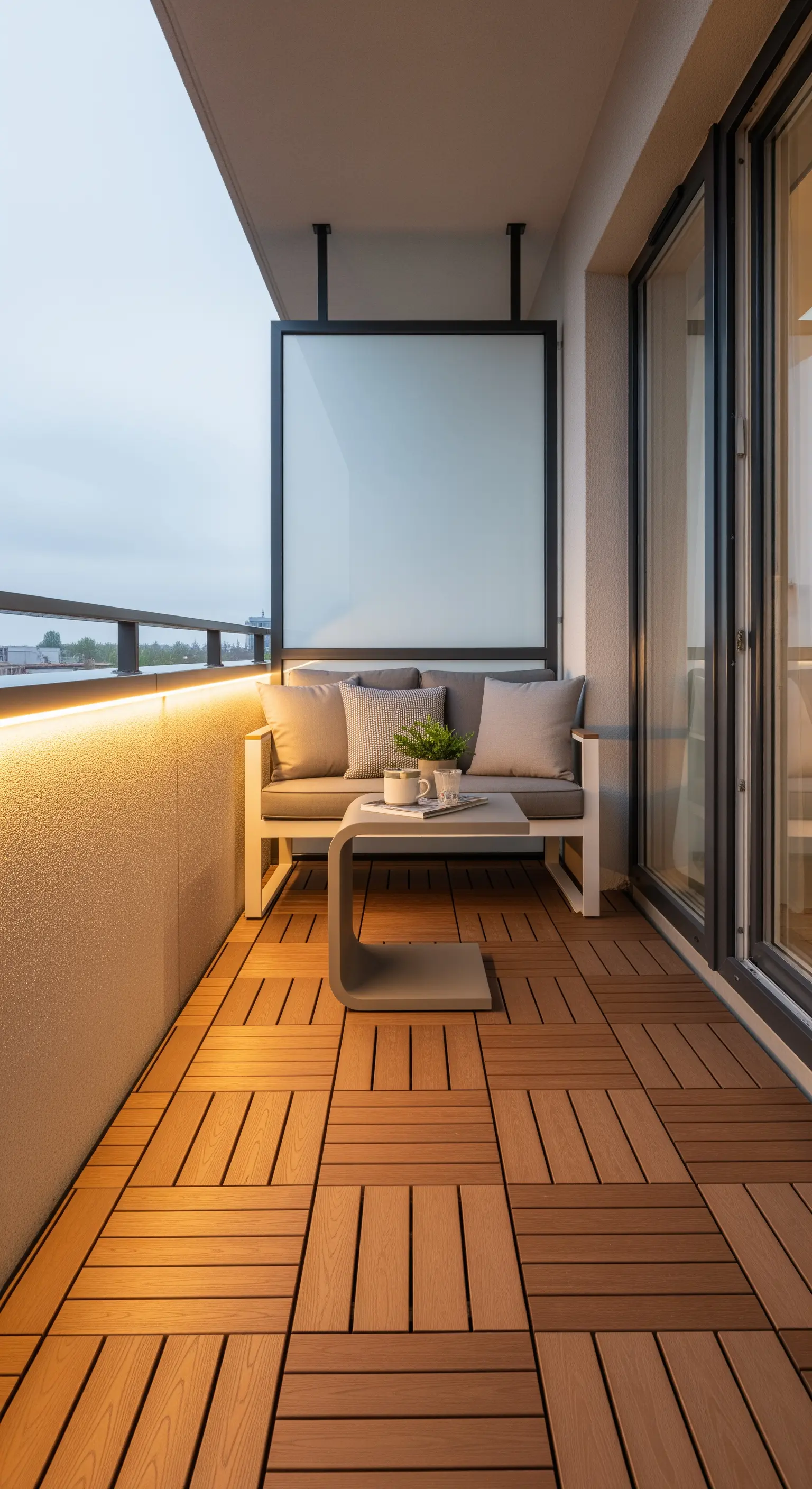 Balcone stretto con pavimento a quadrotte in legno e luce LED lungo il muretto.