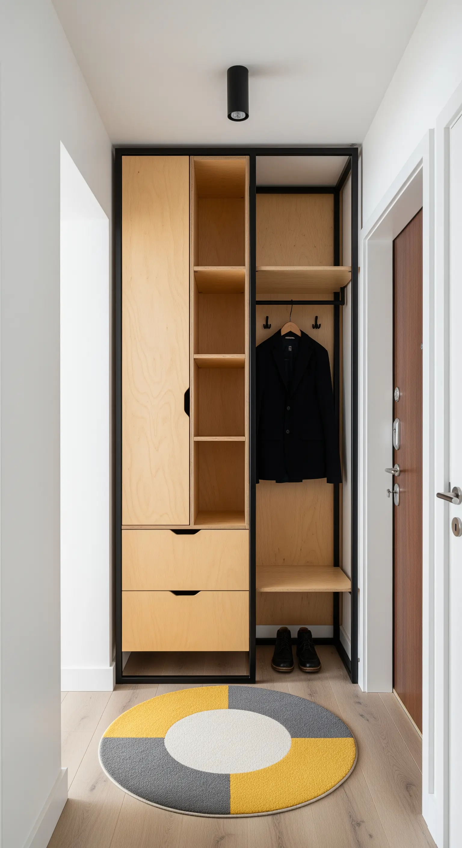Guardaroba a giorno in legno chiaro e metallo nero con tappetino rotondo colorato.
