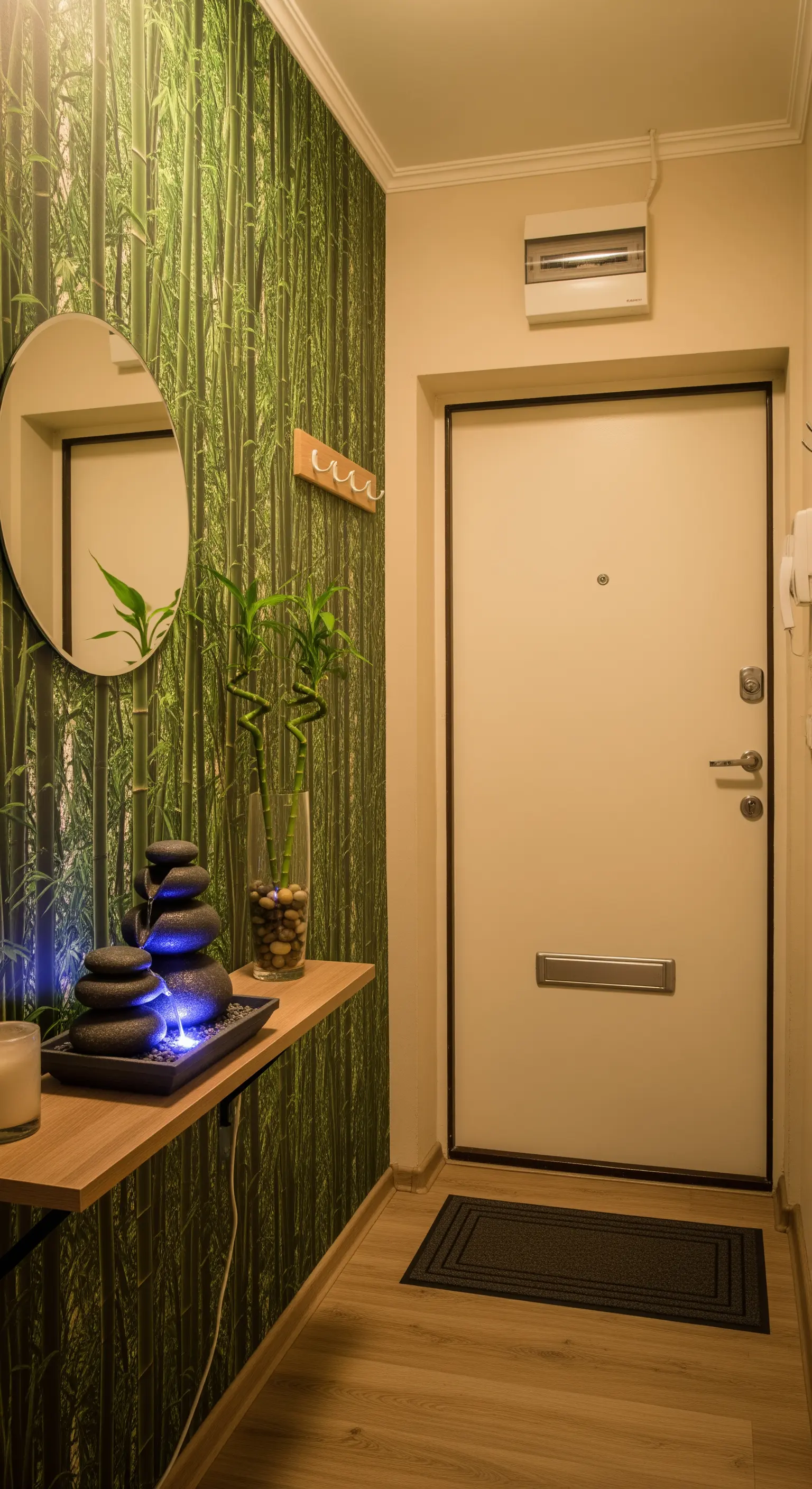 Ingresso piccolo con carta da parati a tema bambù e mensola con una mini fontana.