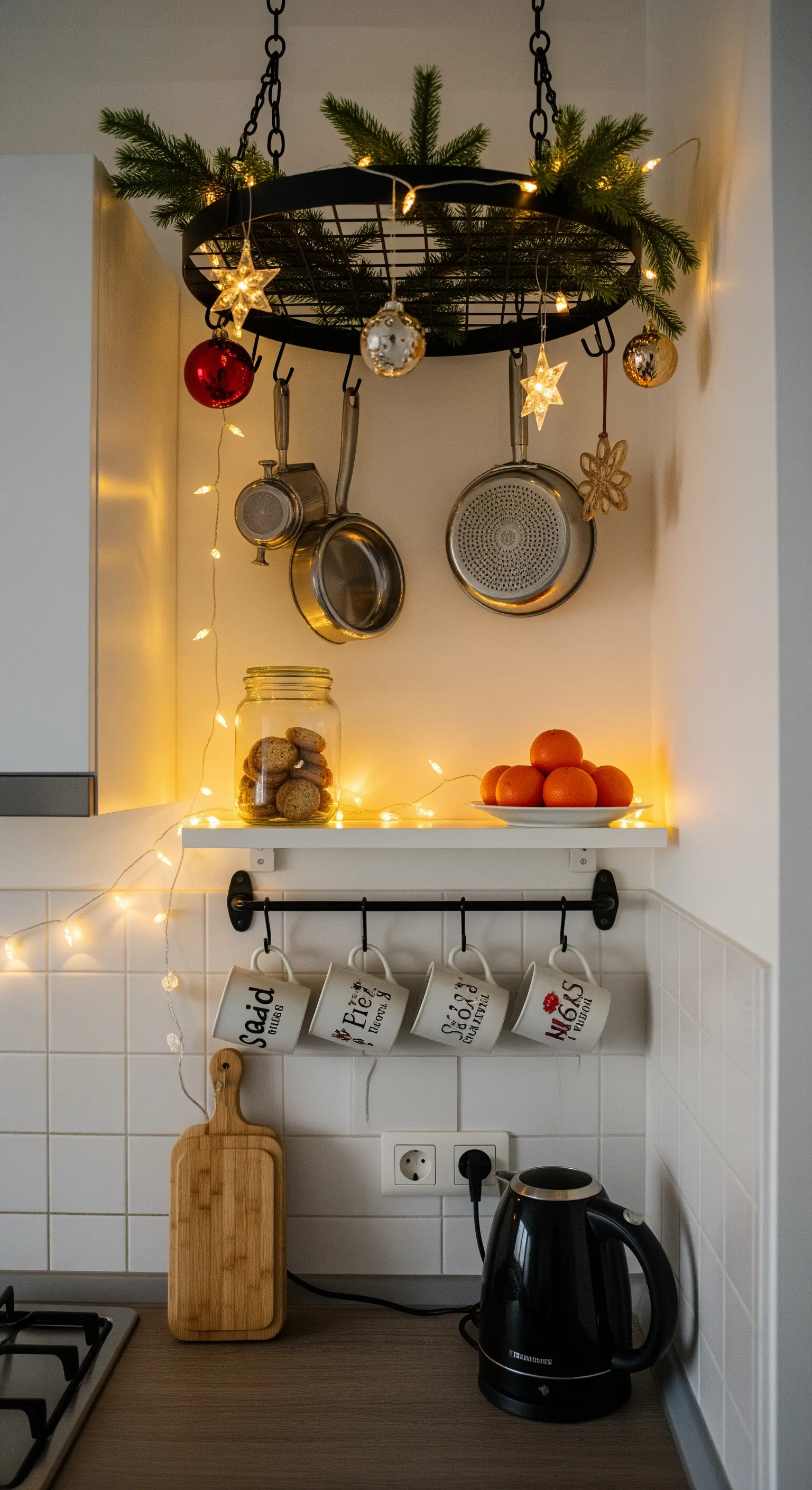Angolo di una piccola cucina con un porta-padelle sospeso decorato con luci, palline e rami d'abete.