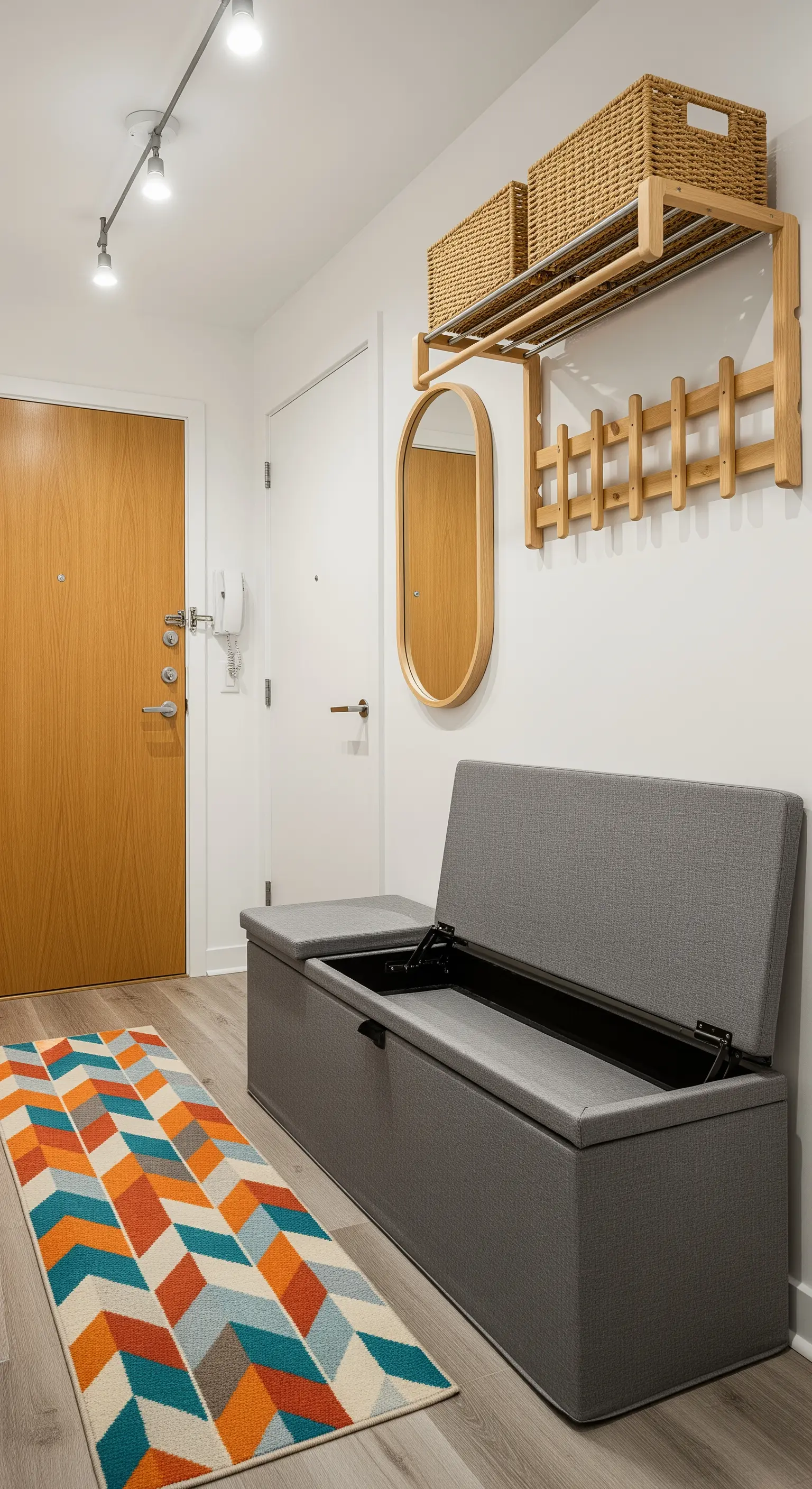 Ingresso moderno con panca contenitore grigia e sistema a parete in legno con specchio.