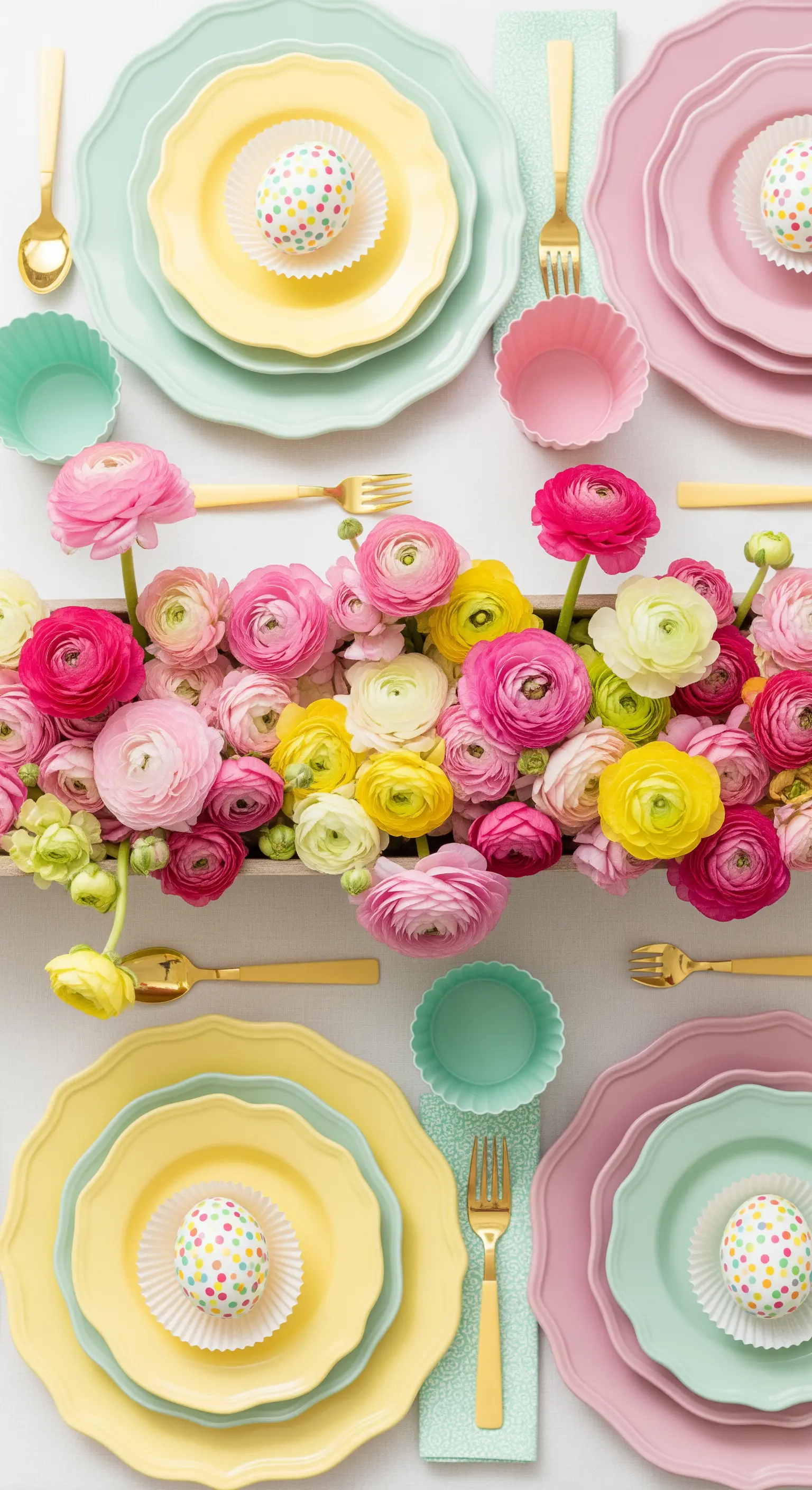 Tavola di Pasqua con piatti pastello sovrapposti e un centrotavola di ranuncoli multicolore.