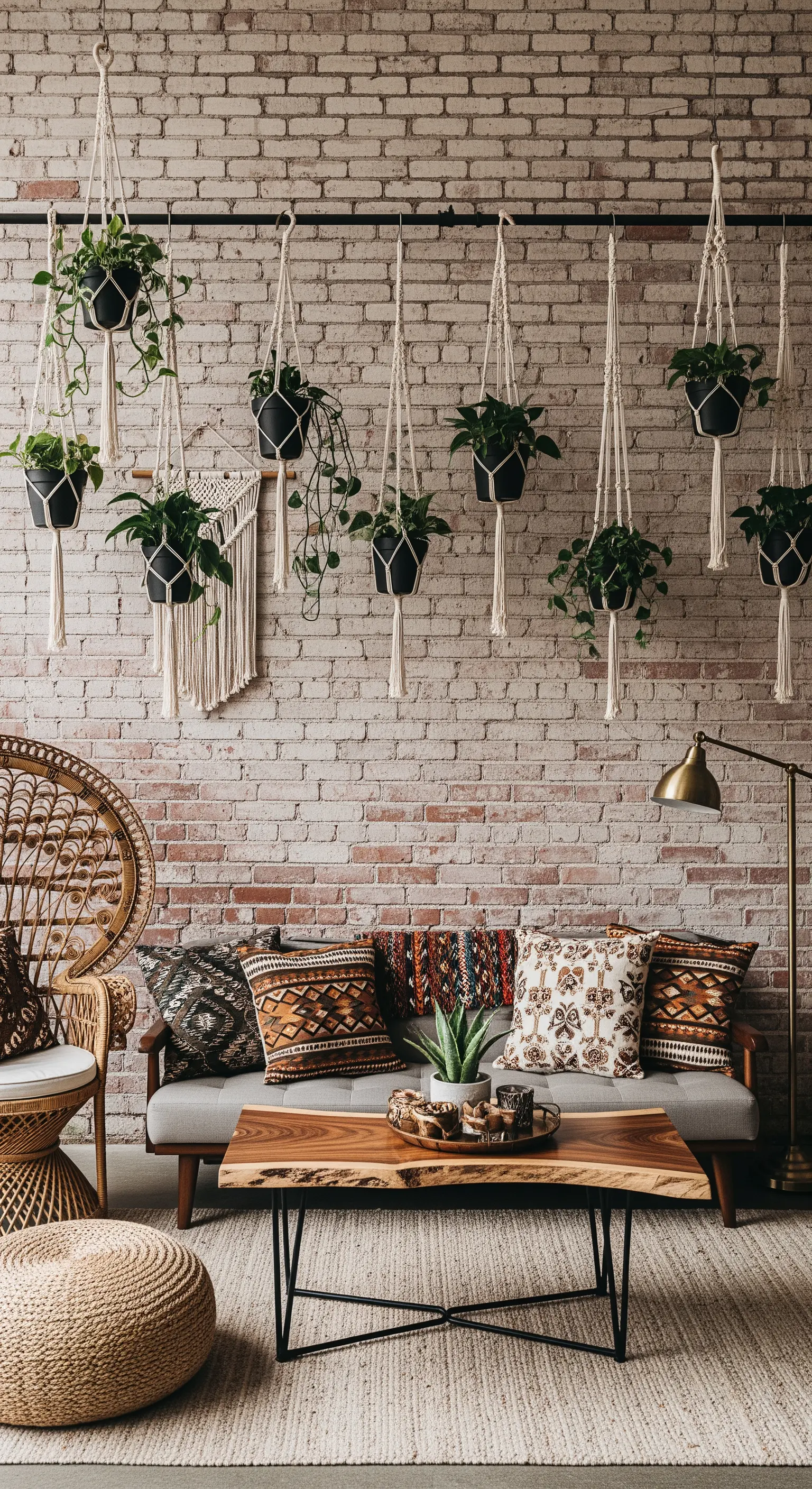 Salotto in stile boho-industrial con piante sospese in macramè davanti a una parete di mattoni.