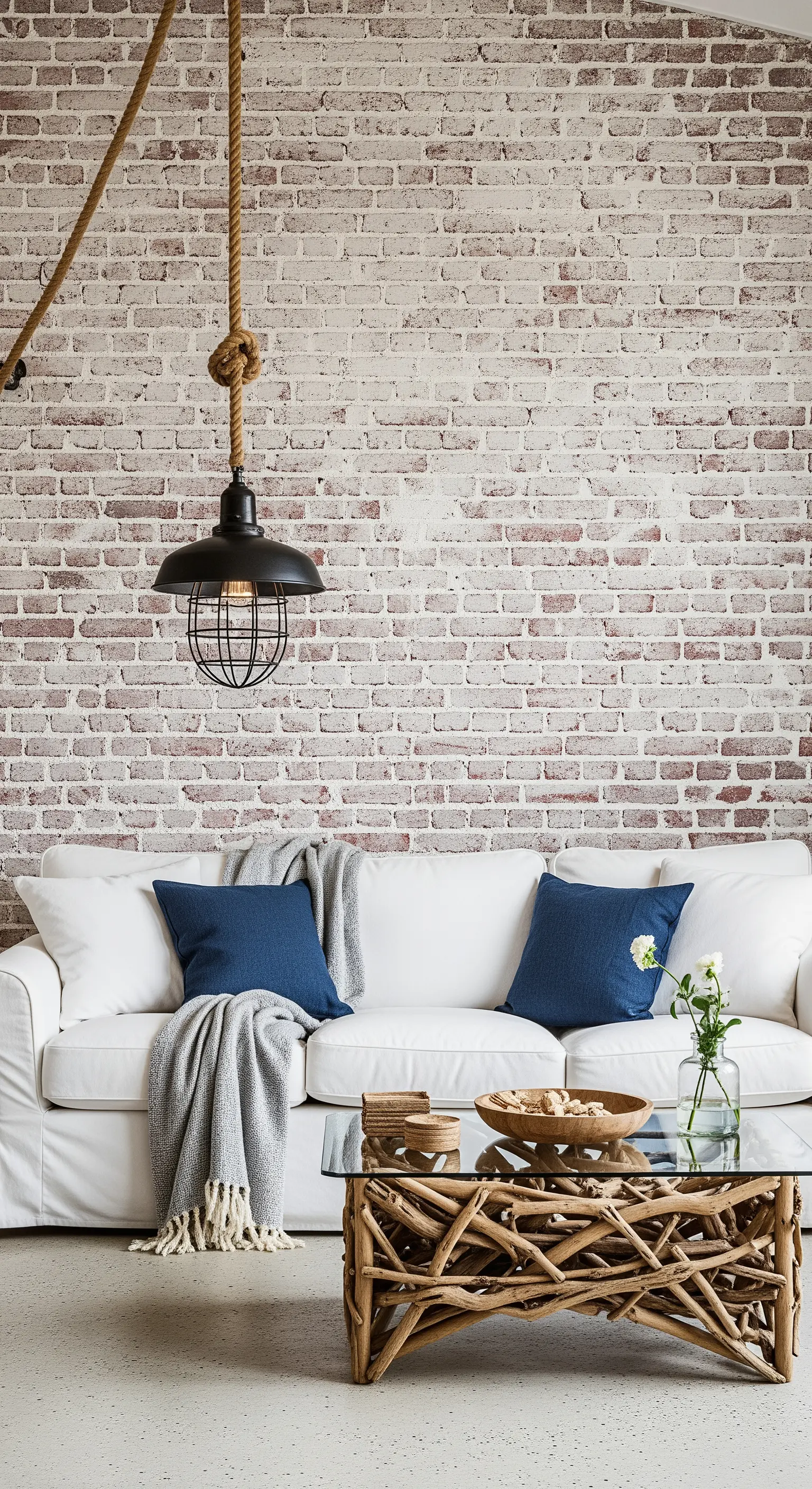 Salotto con divano bianco e una lampada a gabbia nera appesa con una corda di iuta.