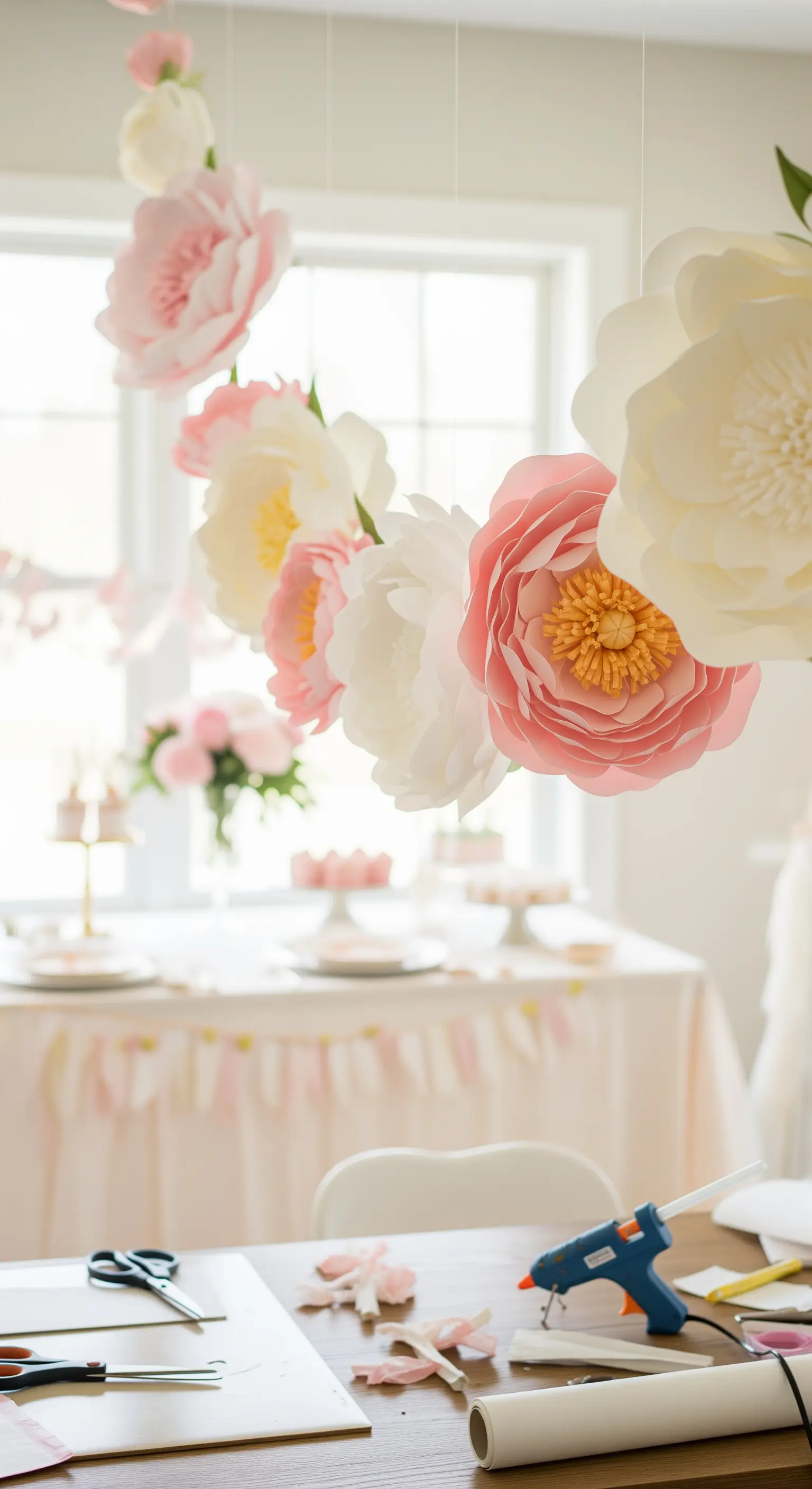 Primo piano di peonie di carta rosa e bianche appese con filo di nylon sopra un tavolo da lavoro.