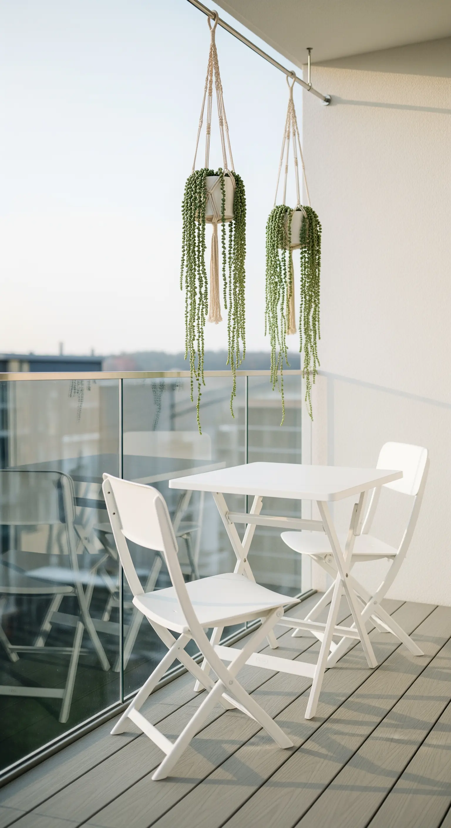 Balcone con tavolo e sedie bianche e due piante sospese in vasi di macramè.