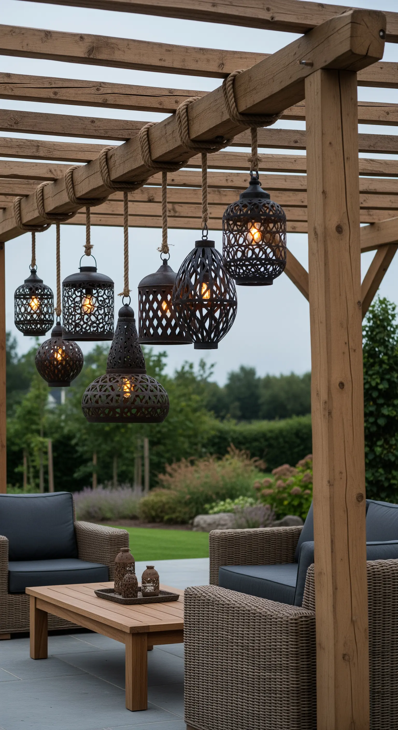 Lanterne etniche in ferro nero appese con corde a una pergola in legno.