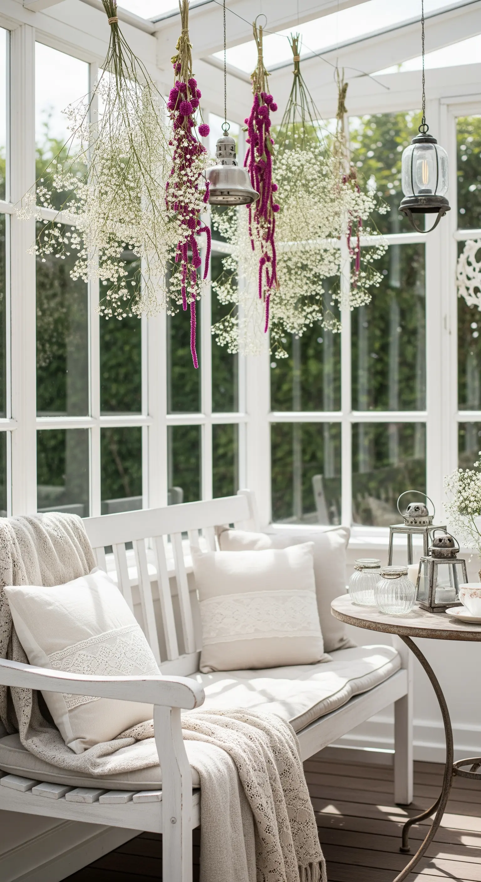 Panca bianca in una veranda luminosa con mazzi di fiori secchi appesi al soffitto.